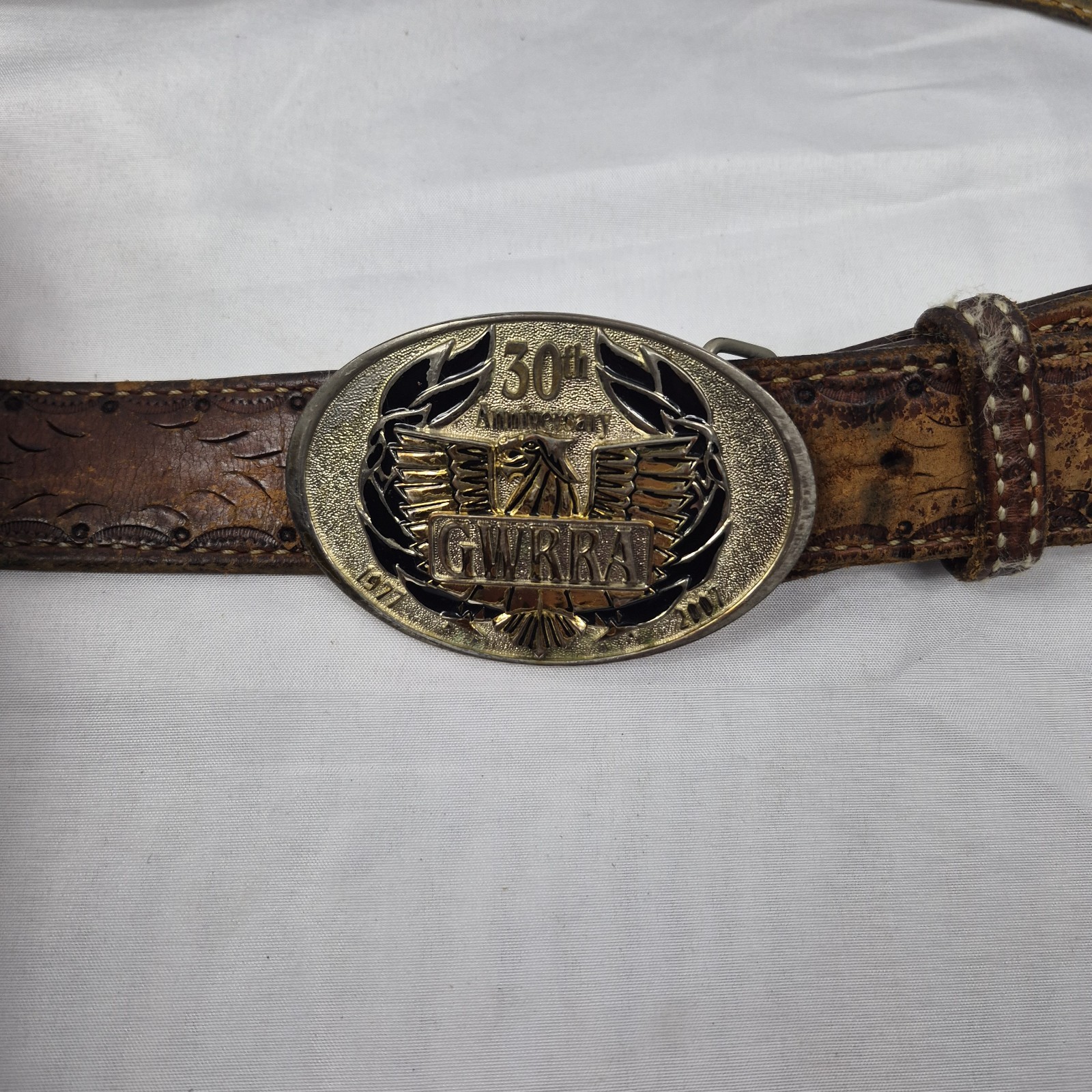 GWRRA 30th Eagle Biker Belt Buckle w/ Handmade Leather Belt USA Made Gold Wing