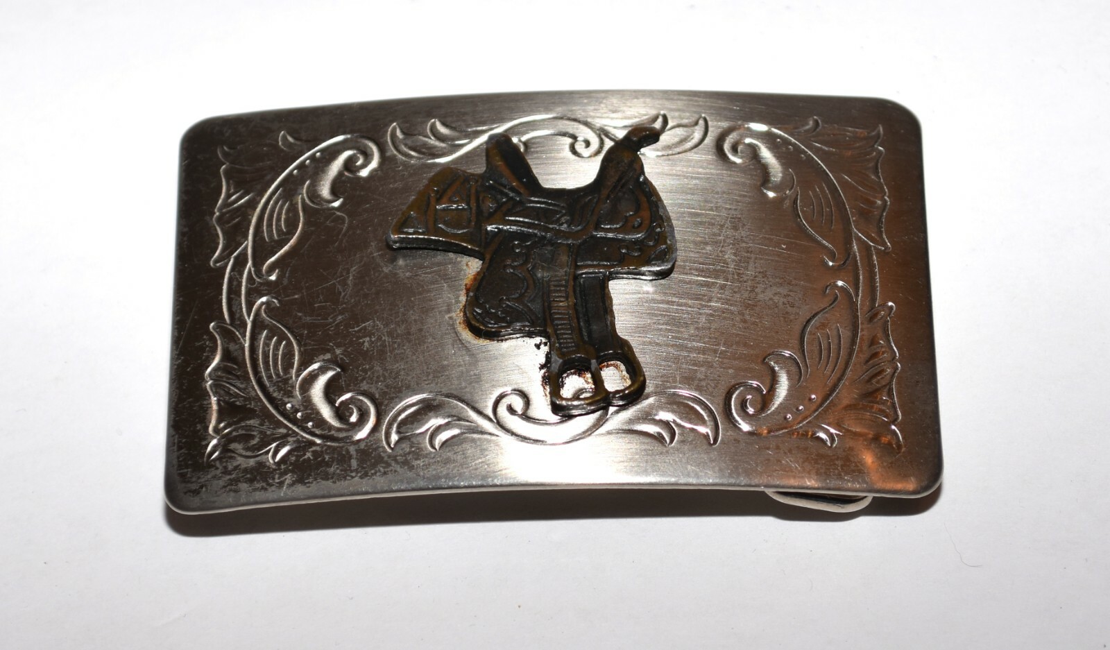 Vintage Western Saddle 3 Dimensional on Floral Silver Tone Belt Buckle USA