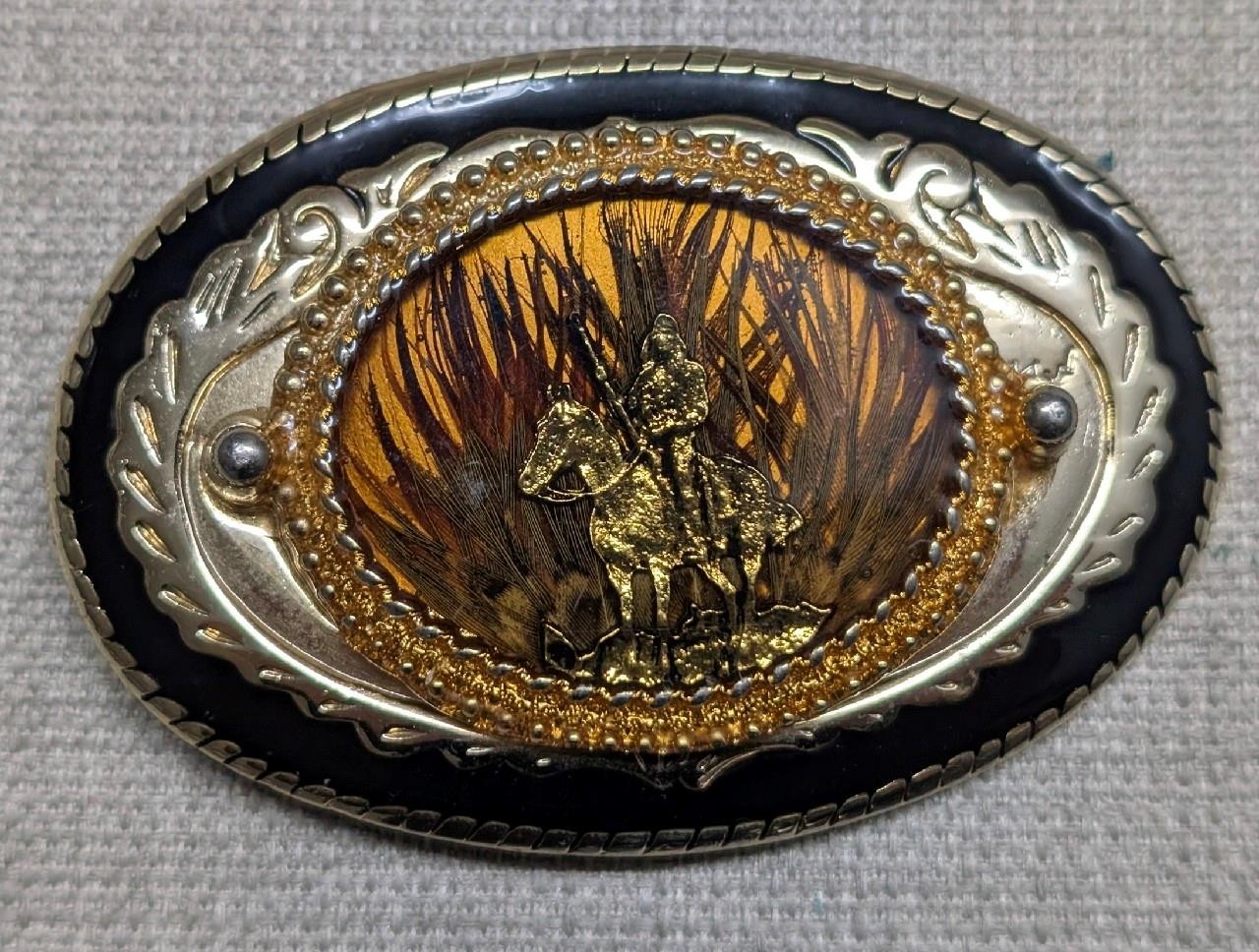 vintage GOLD FLAKE belt buckle HANDCRAFTED epoxy feather WESTERN cowboy indian
