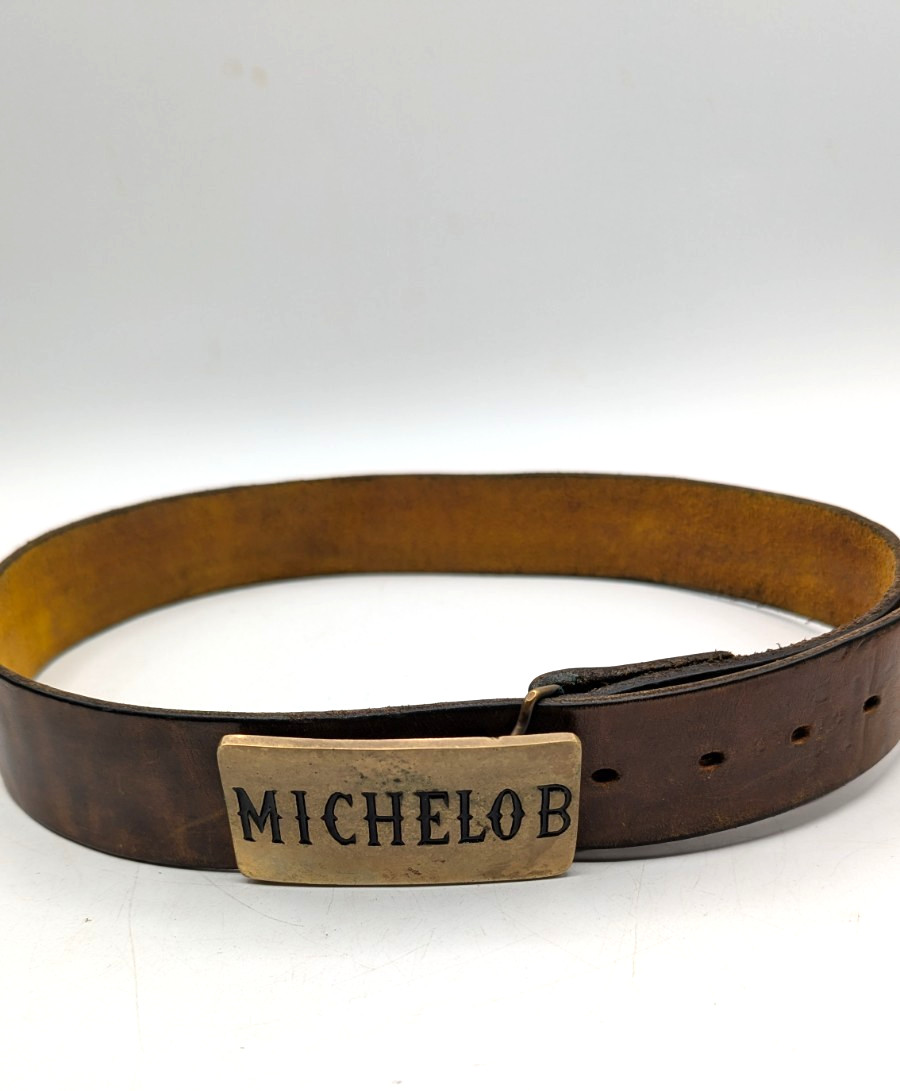 vintage 1970s leather belt & buckle MICHELOB beer SOLID BRASS cowboy WESTERN