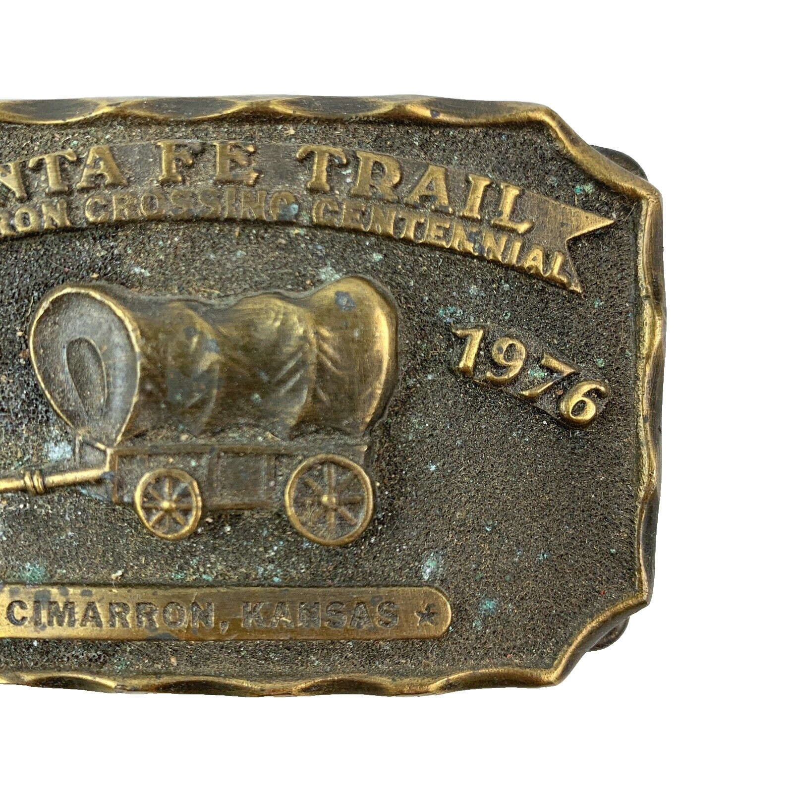 Vintage 1976 Santa Fe Trail Cimarron Kansas Centennial 3D Metal Belt Buckle