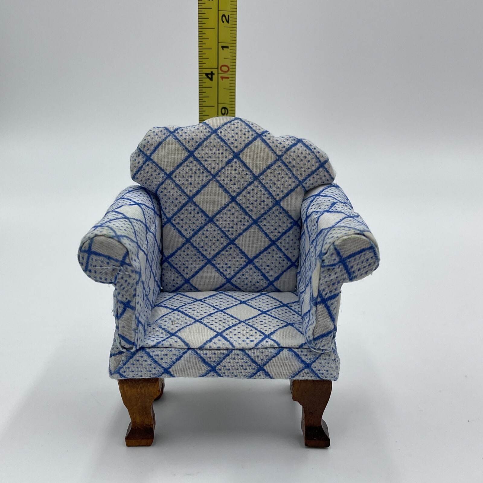 Vintage Doll House Upholstered Arm Chair Checker Stripes White Blue Print READ