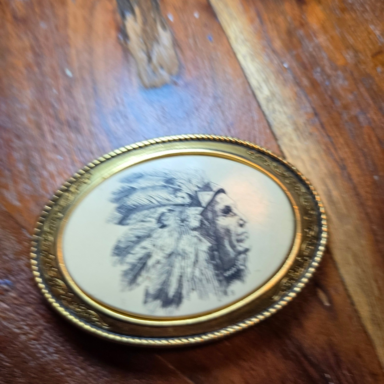 Barlow Indian Chief Belt Buckle Vintage USA Scrimshaw Style Gold Tone Oval