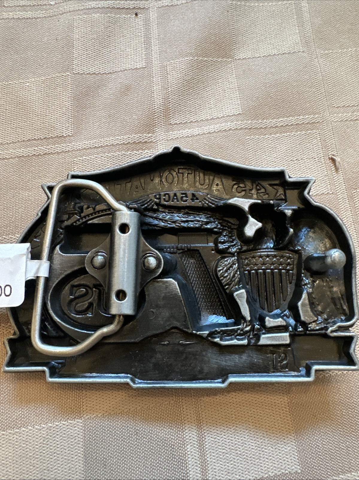 Metal Belt Buckle .45 Automatic Eagle US Shield Serve Protect 3D Silver Tone