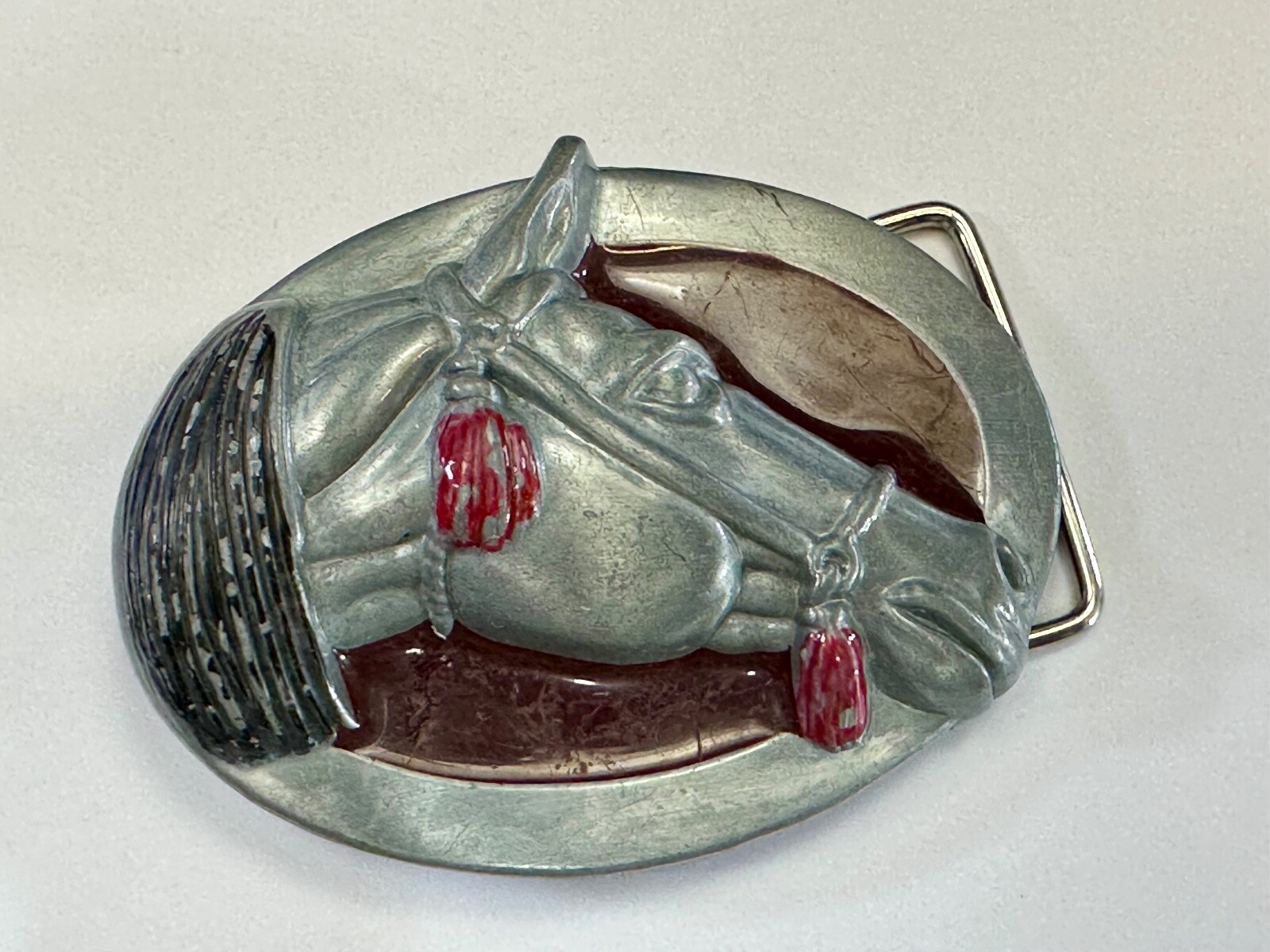 Raised Horse Head Vintage Cowgirls Red Enamel Accents Belt Buckle