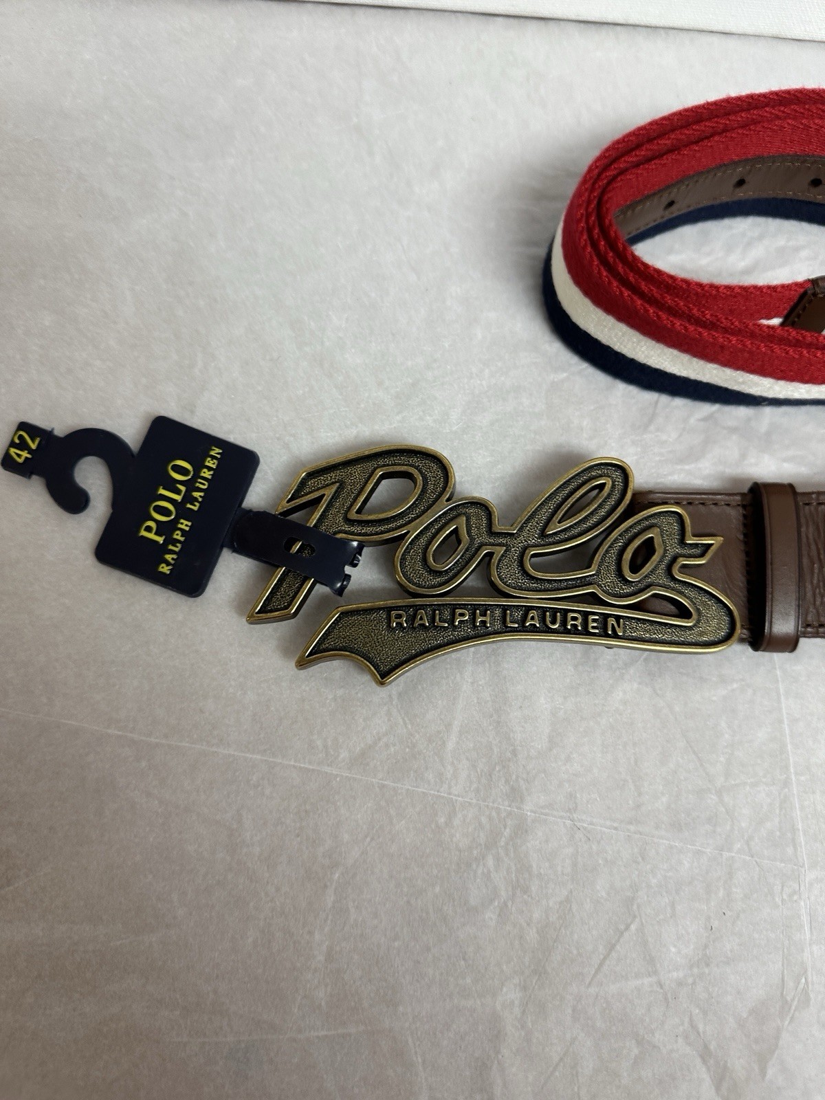 Polo Ralph Lauren Canvas &Leather Belt Script Logo Buckle Red White Blue Size 42