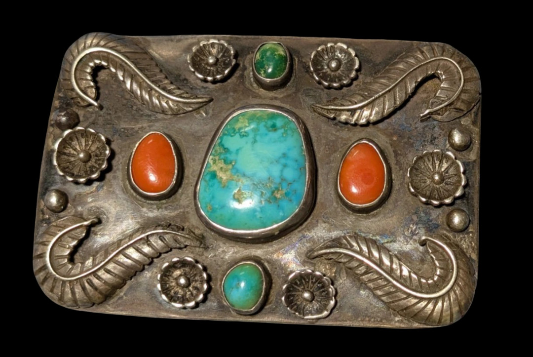 LARGE Southwestern Navajo Sterling 925 Turquoise Coral Belt Buckle vtg OLD PAWN