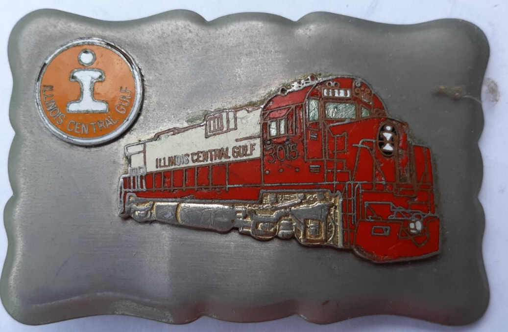 2 Illinois Central Gulf railroad belt buckles orange oval & 3015 engine