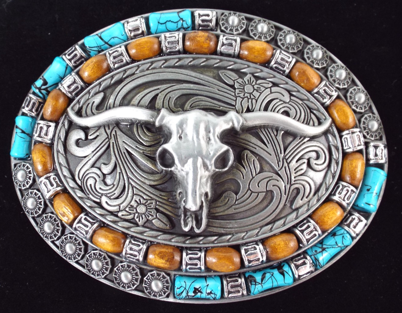 NIB Montana Silversmiths Attitude Steer Skull w/Faux Turquoise/Gemstone Buckle