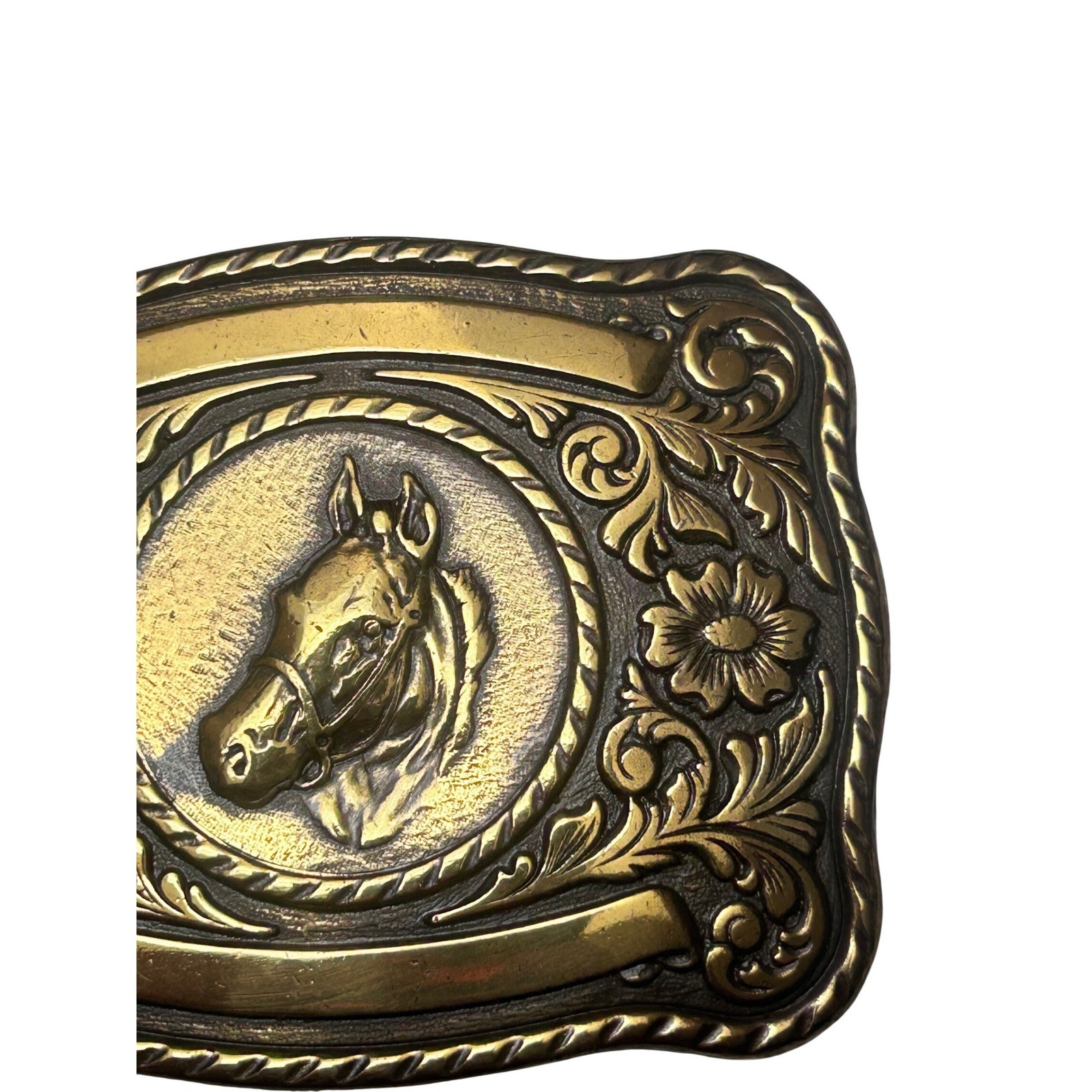 Vintage Horse Head Belt Buckle Brass Tone Western Floral Engravable Made in USA