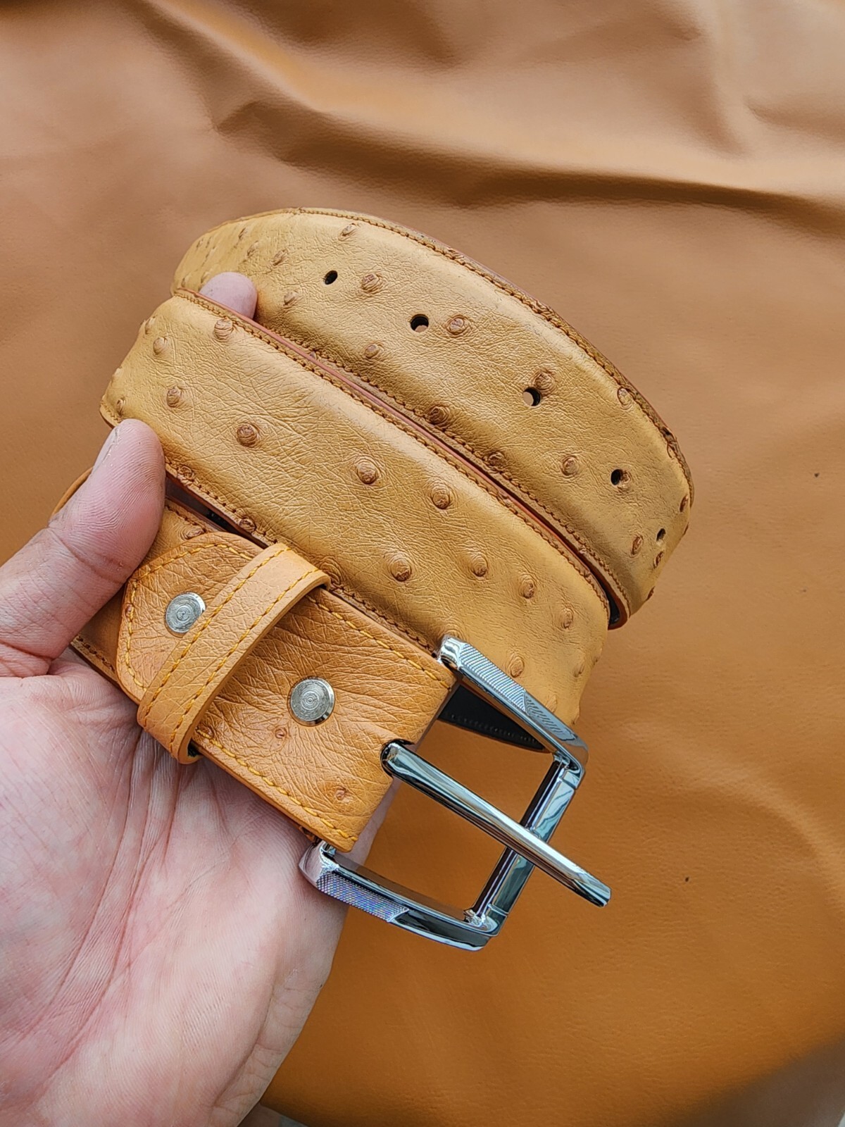 3.8CM Brown 100% Genuine Body Ostrich Leather Skin Mens Belt Buckle- Handmade
