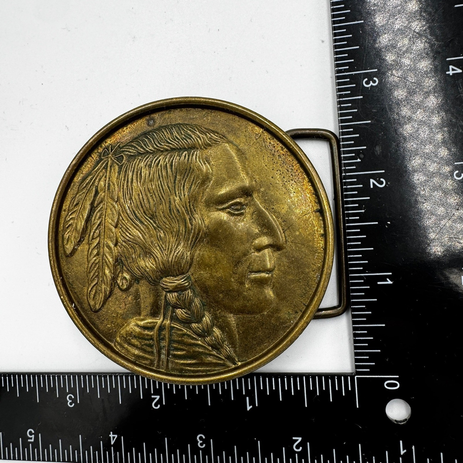 Vintage Baron Buckles Solid Brass Native American Chief Belt Buckle 416 Round