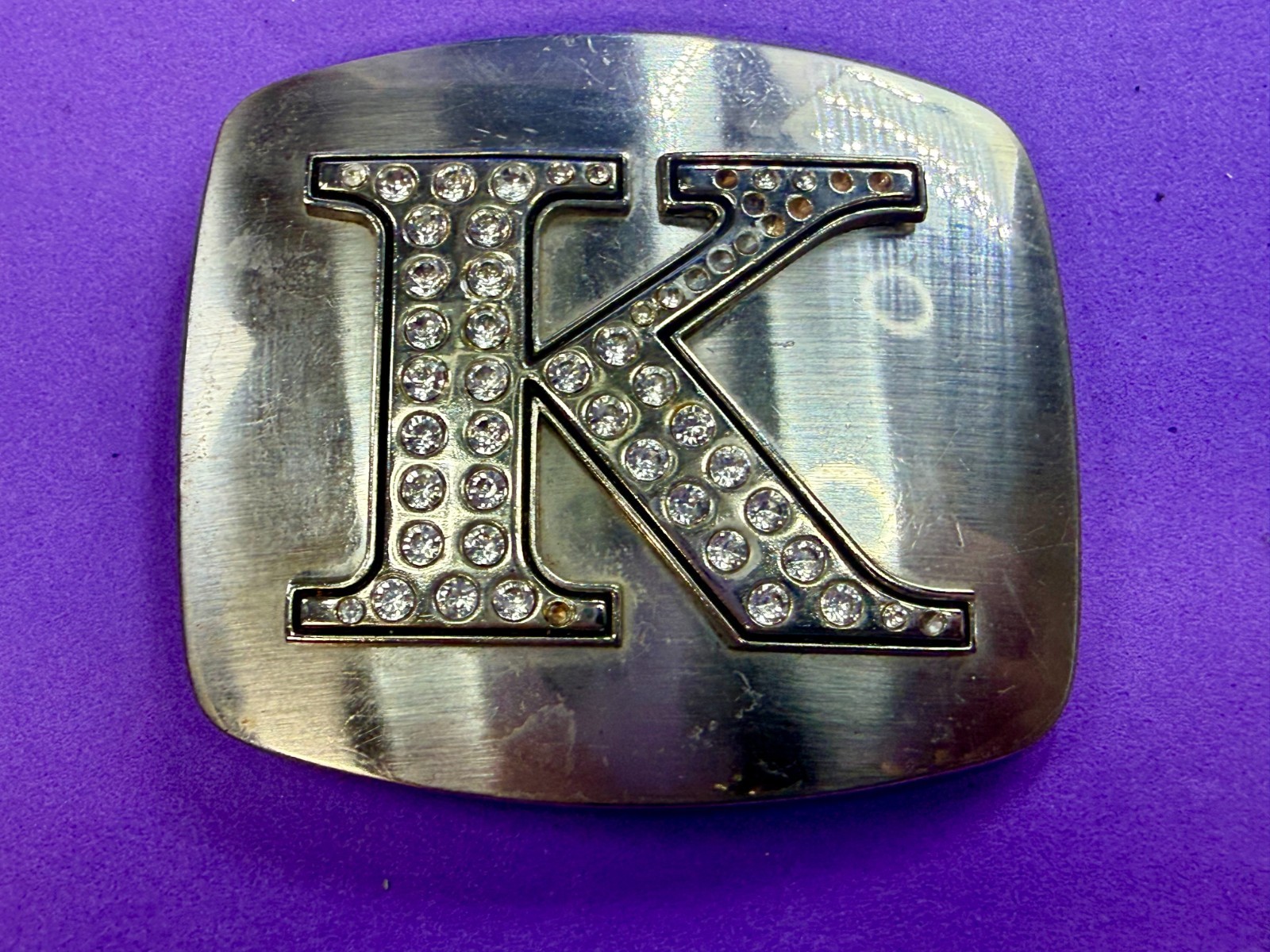 Custom Initial Letter K Monogram Silver Tone Belt Buckle – Missing a Rhinestone