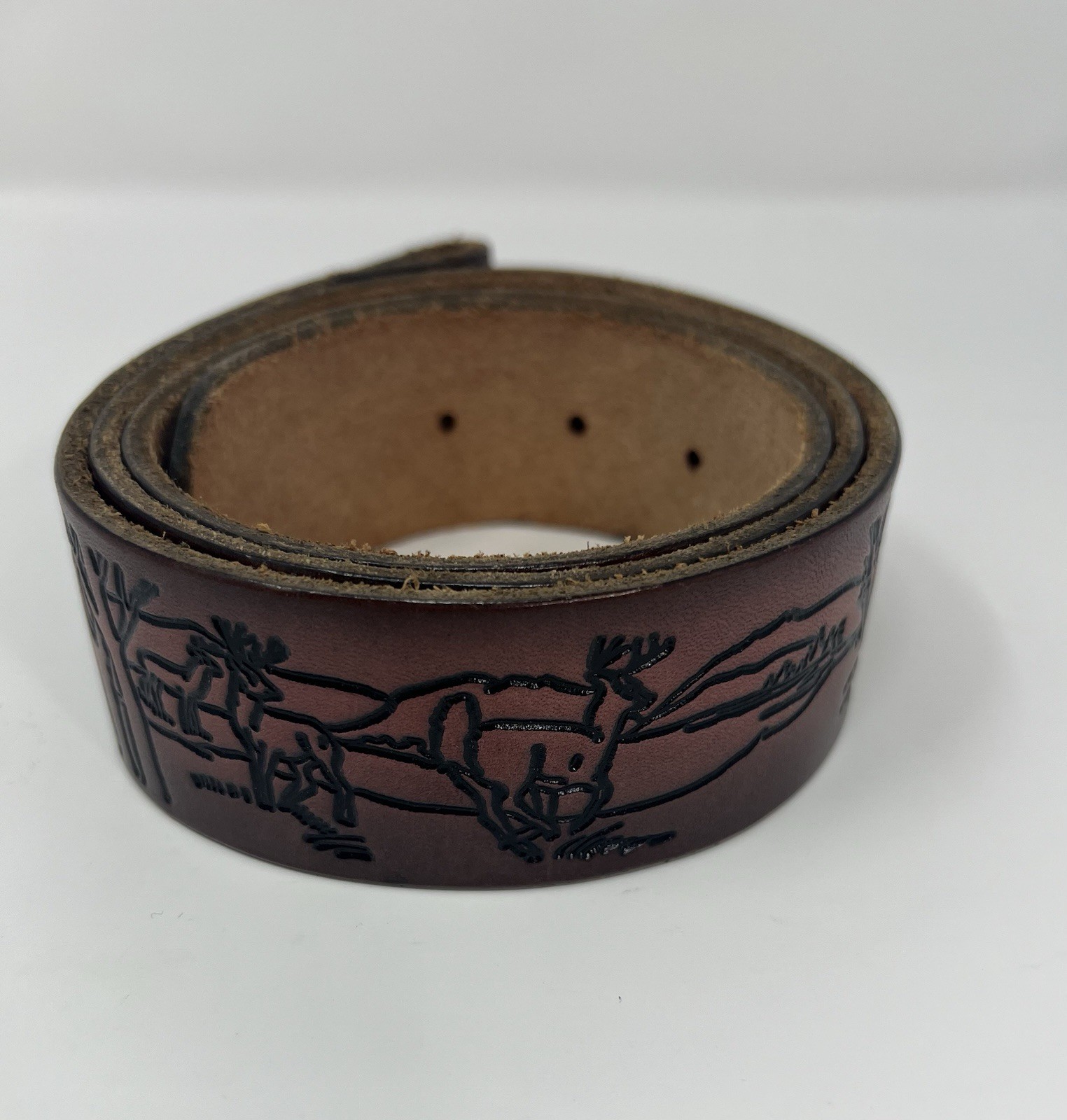 Vintage Western Belt Hand Tooled Deer Landscape Outdoor No Buckle 38”