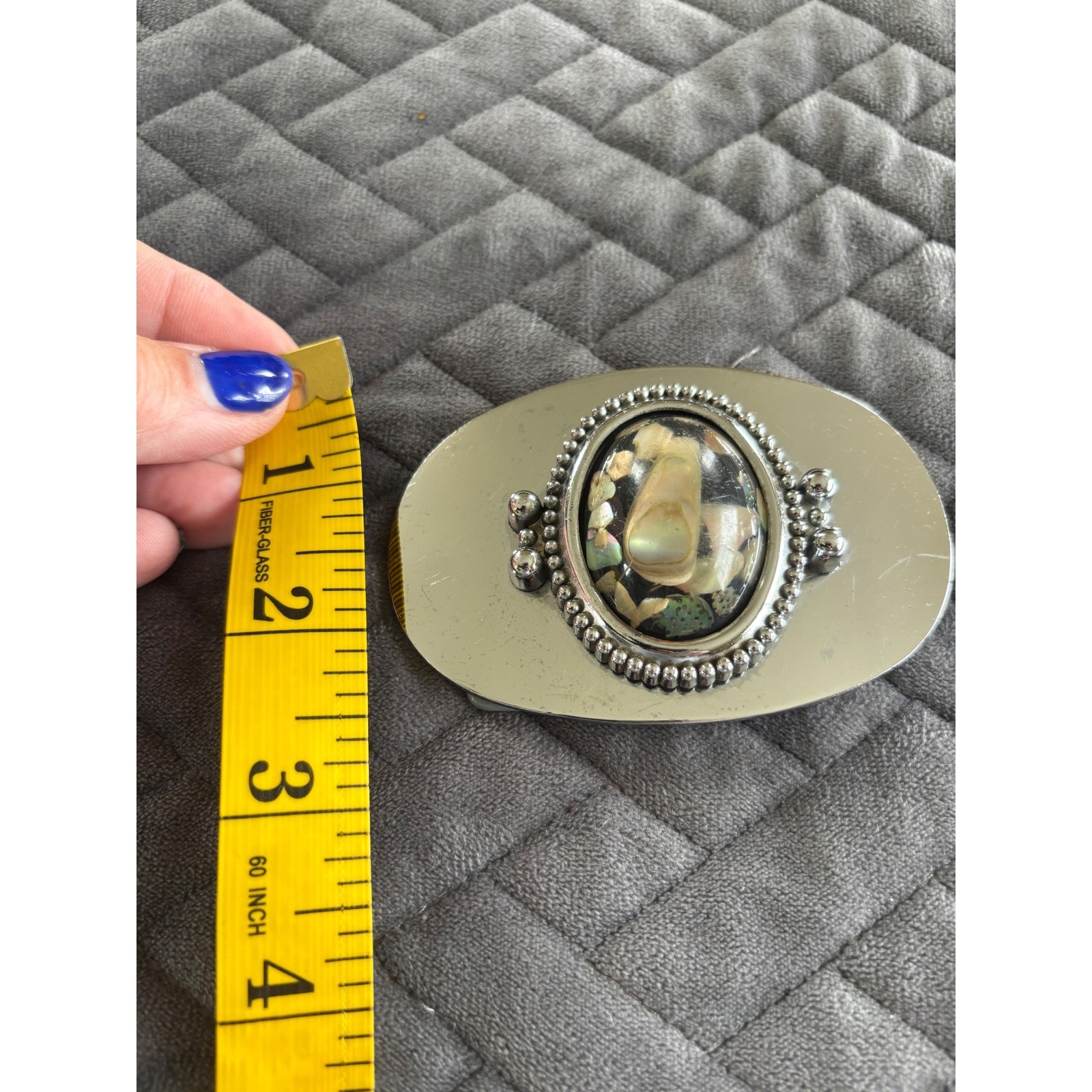 Vintage Silver Tone Abalone Shell Inlay Oval Belt Buckle Western Boho Iridescent