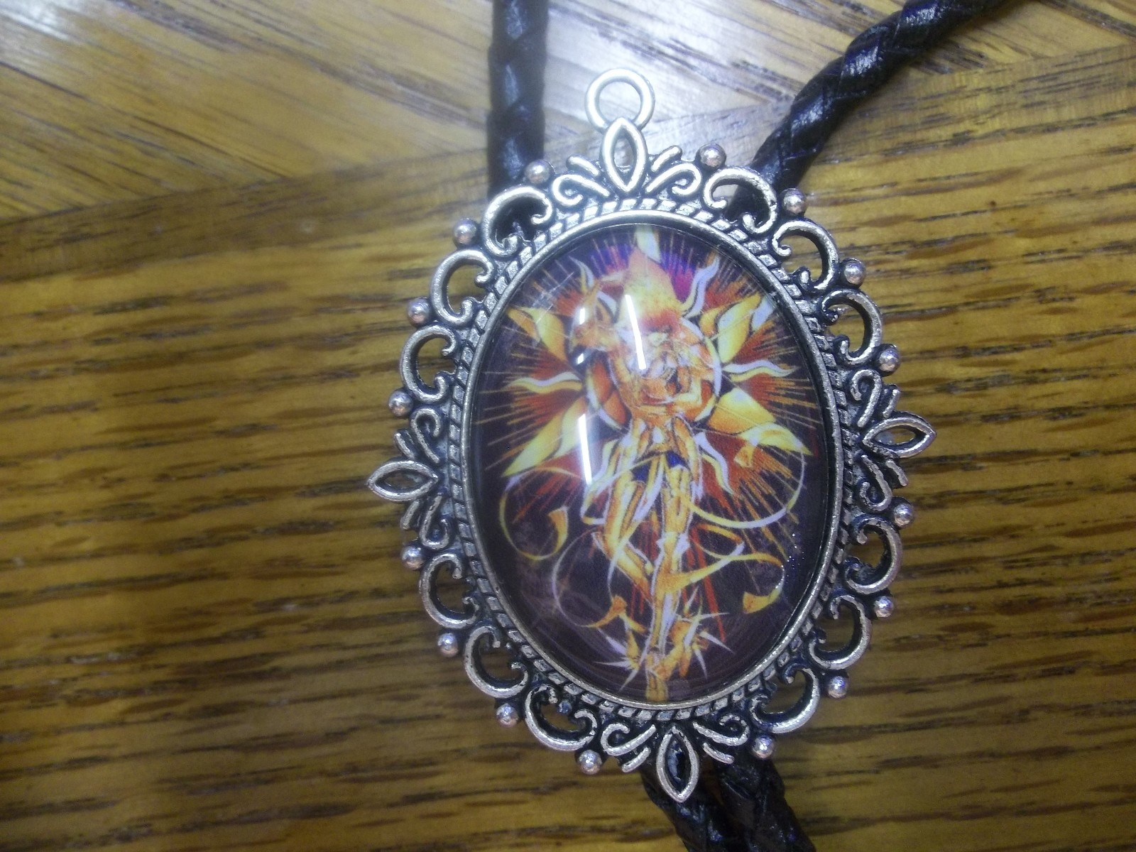 handcrafted Bolo tie leather braided cord large Si Fi Woman mounted cab