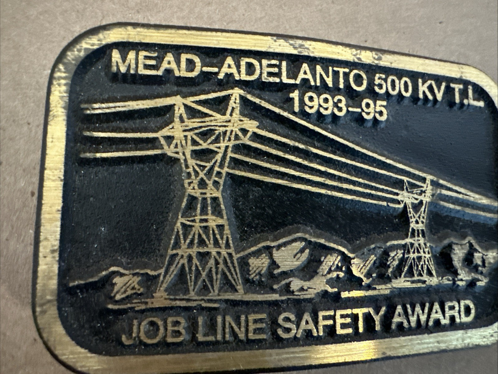 Vtg Solid Brass Belt Buckle Mead-Adelanto 500 KV T.L. Job Line Construction Dyna