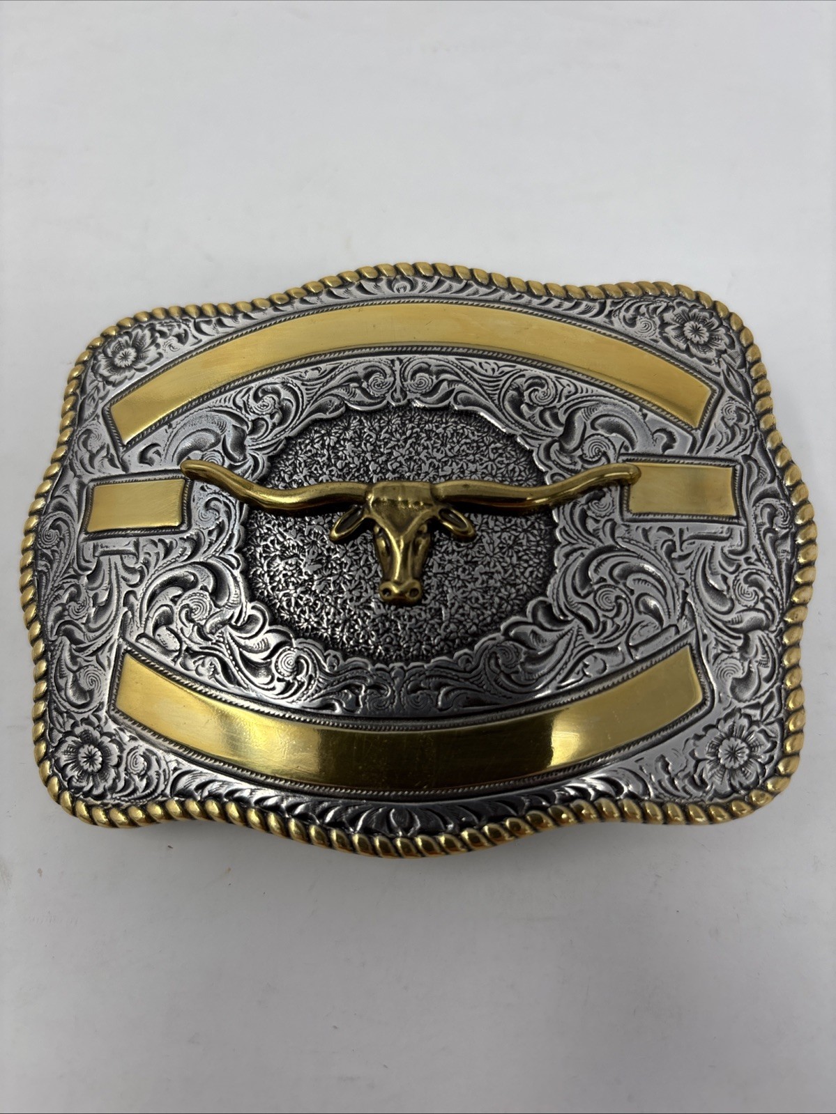 Crumrine Western Rectangle LONGHORN SKULL Belt Buckle.