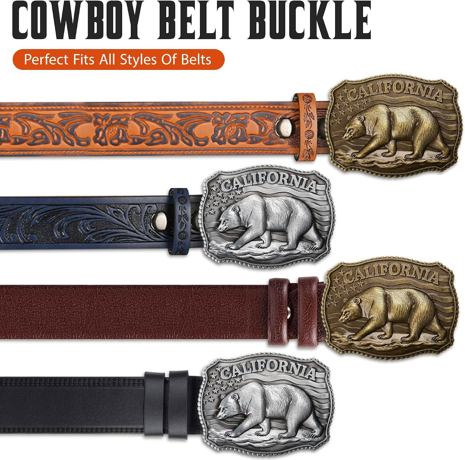 Western Belt Buckle for Men – California Grizzly Bear Cowboy Belt Buckles for…