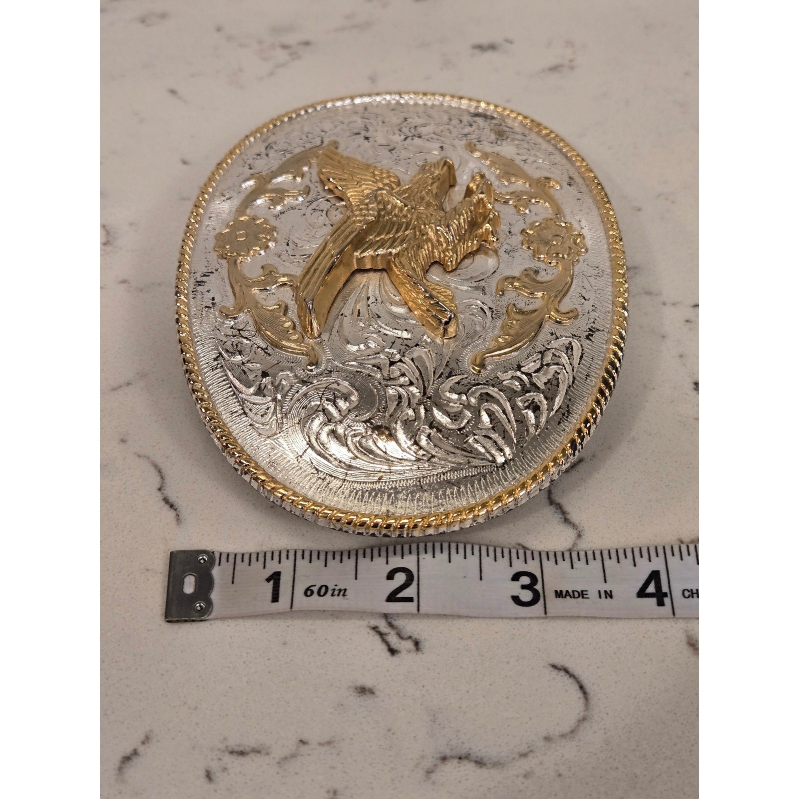 Western Eagle Belt Buckle Two Tone Gold Silver Floral Scroll Rope Border Oval