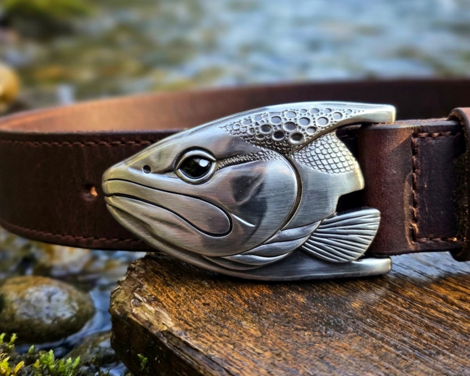 Graywolf Trout‑Head Belt Buckle • Antique Nickel / Silver • 3D Metal Fish Buckle
