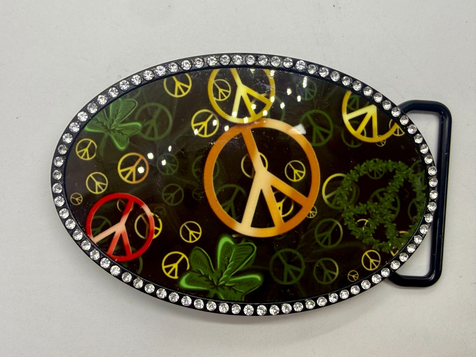 Peace Sign Symbol Four Leaf Clover with Clear Rhinestone Border Belt Buckle
