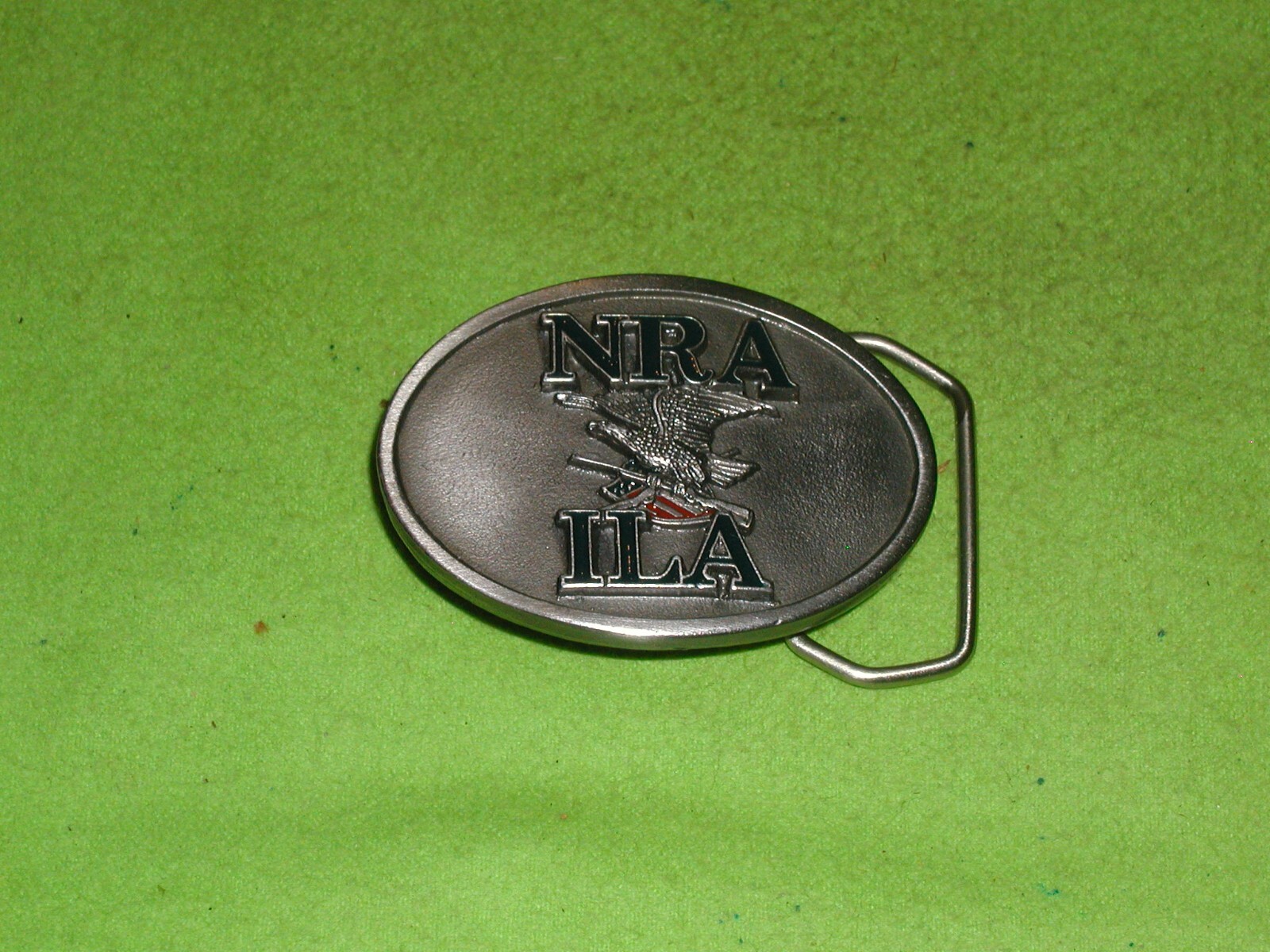 VTG NEW OEM NRA/ILA 1980S POLISHED PEWTER W/MULTI COLOR LETTERING/FLAG BUCKLE
