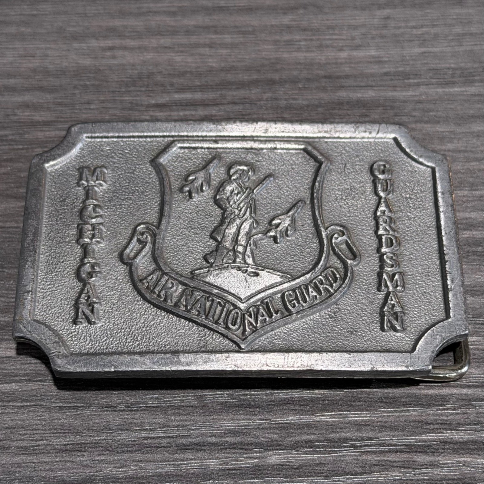 Vtg Michigan Air National Guard Belt Buckle Hit Line USA Military Silver Tone
