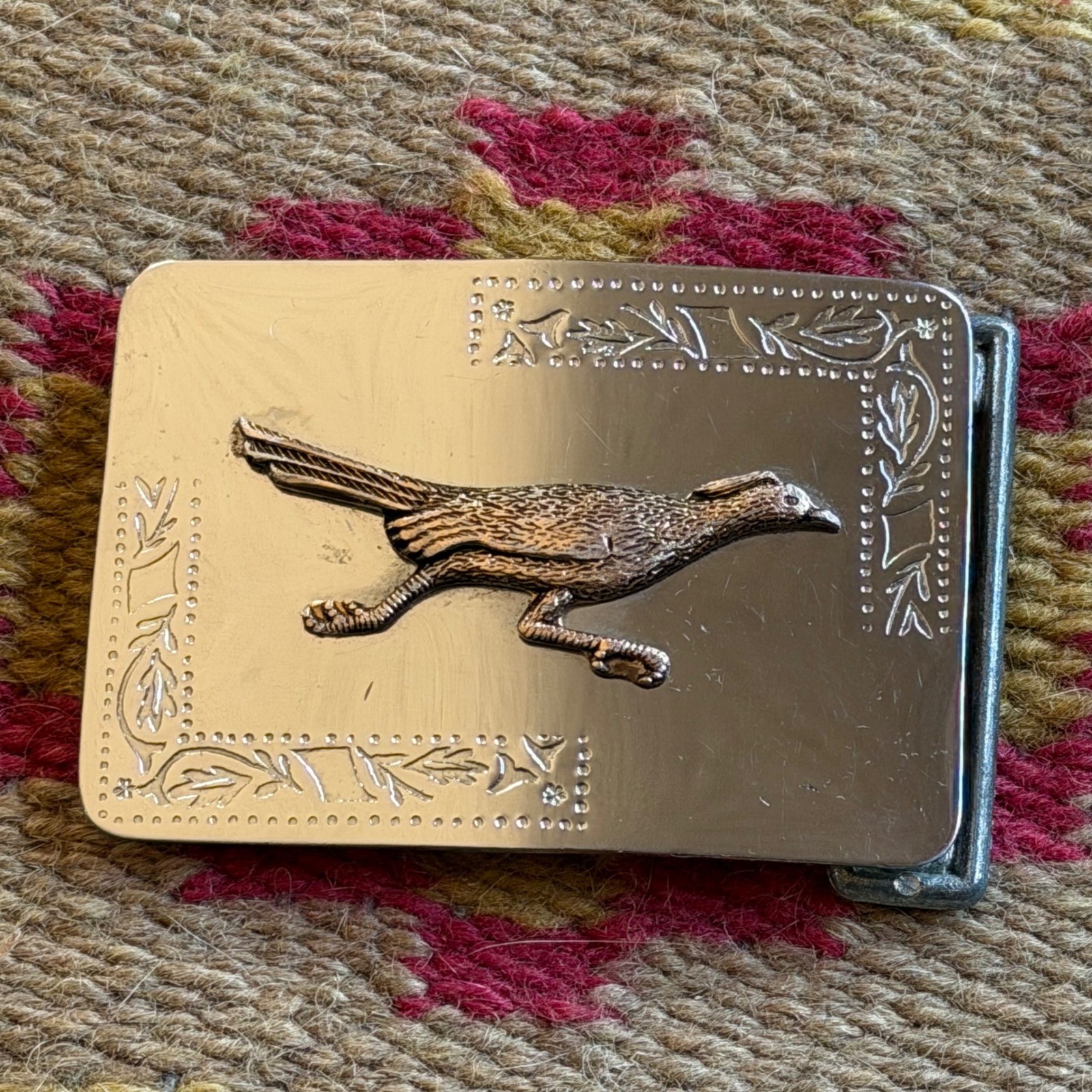 Vintage Silver Tone Roadrunner Belt Buckle Western Southwestern Etched Floral