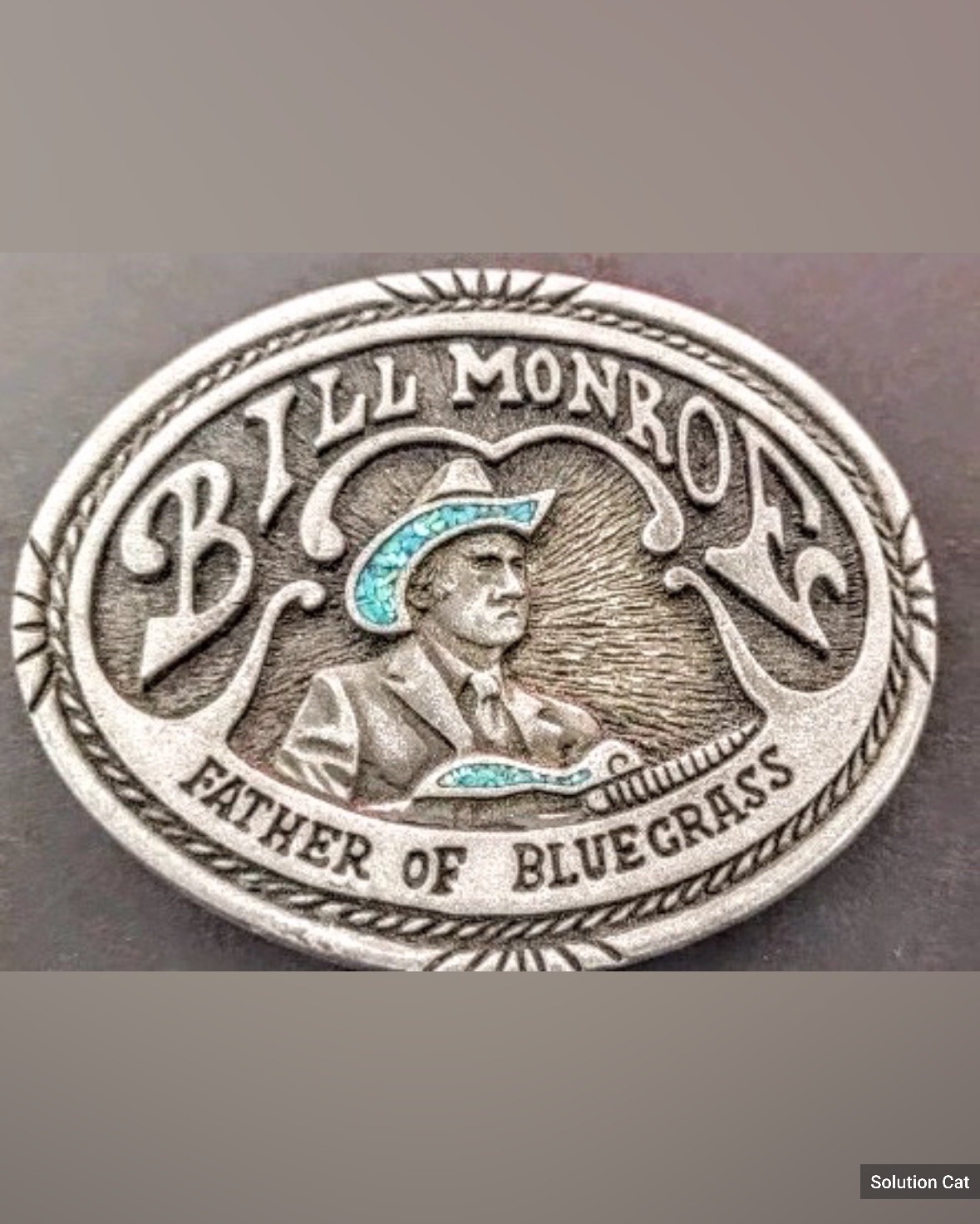 Vintage Bill Monroe Father of Bluegrass Pewter & Turquoise western Belt buckle