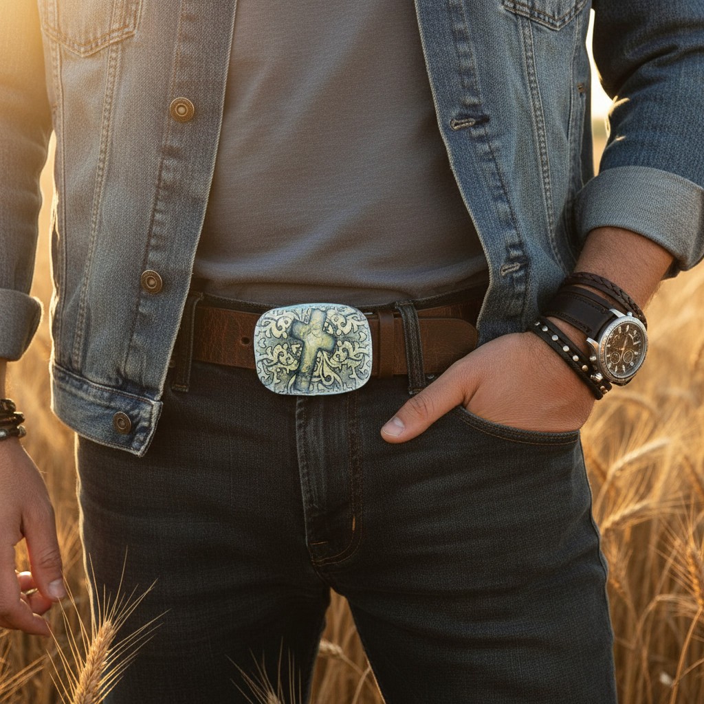 Men Women Belt Buckle Black Faux Leather Religious Cross Western Weekend Style