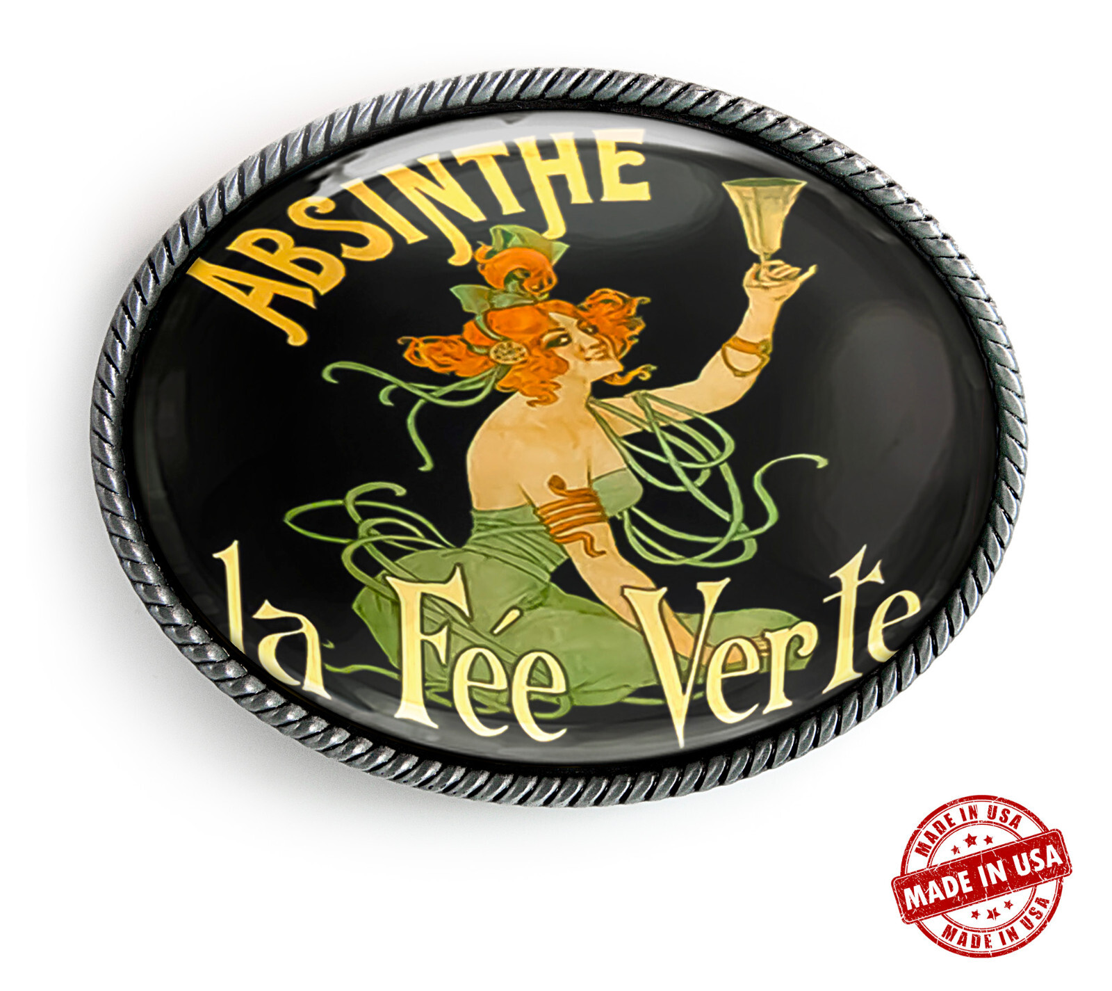 Absinthe Belt Buckle – Victorian Vintage Poster Art Handmade Oval Buckle – 276