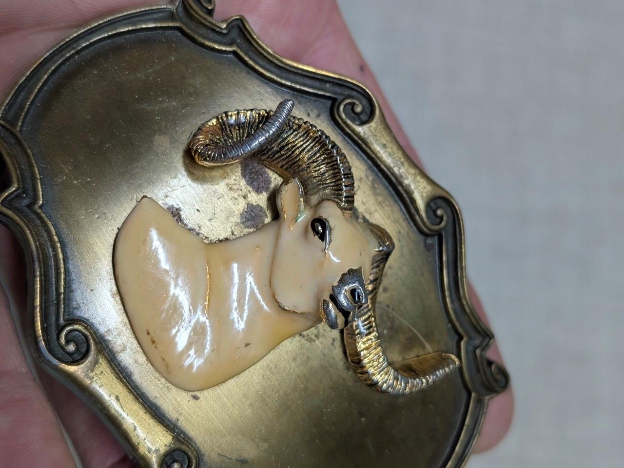 vintage 1970s belt buckle RAM big horn BRASS mountain goat WESTERN cowboy sheep