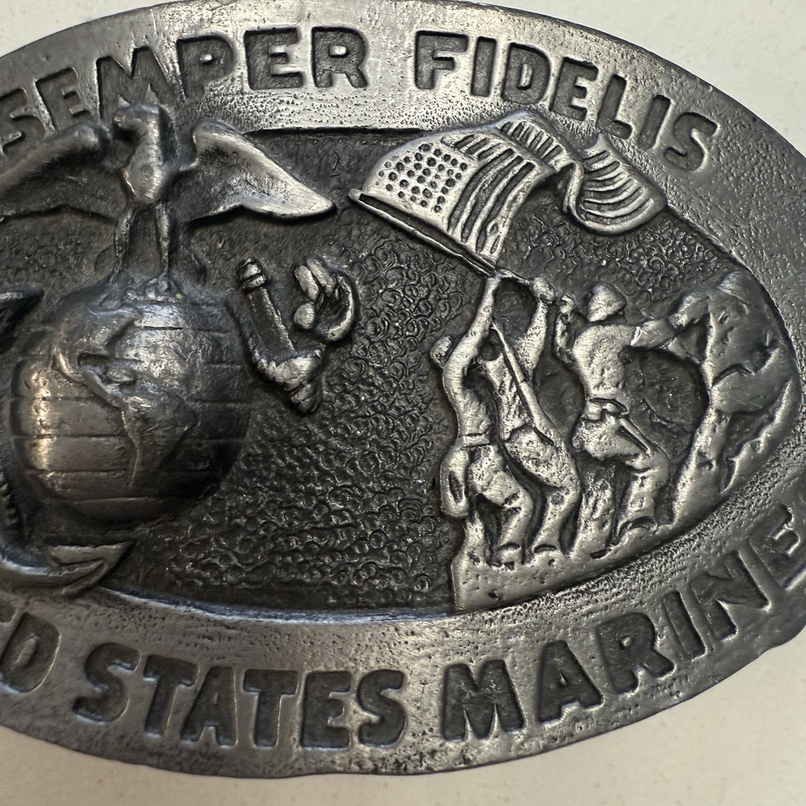 Vintage Metal Belt Buckle: United States Marines Semper Fidelis Eagle Globe Flag