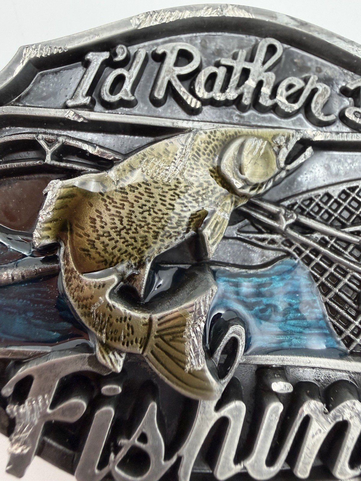 “I&rsquo;d Rather Be Fishing” Novelty Humor Belt Buckle Silver Tone Enamel Preowned