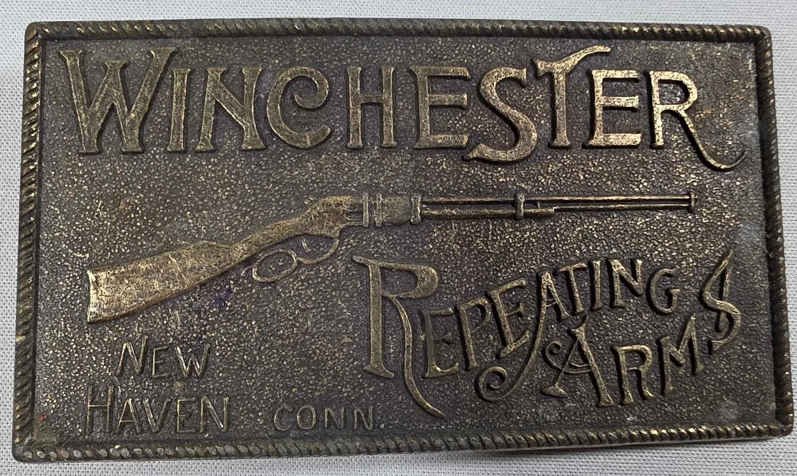 Vtg Brass Belt Buckle Winchester Repeating Arms New Haven Conn. Rifle Guns 4”