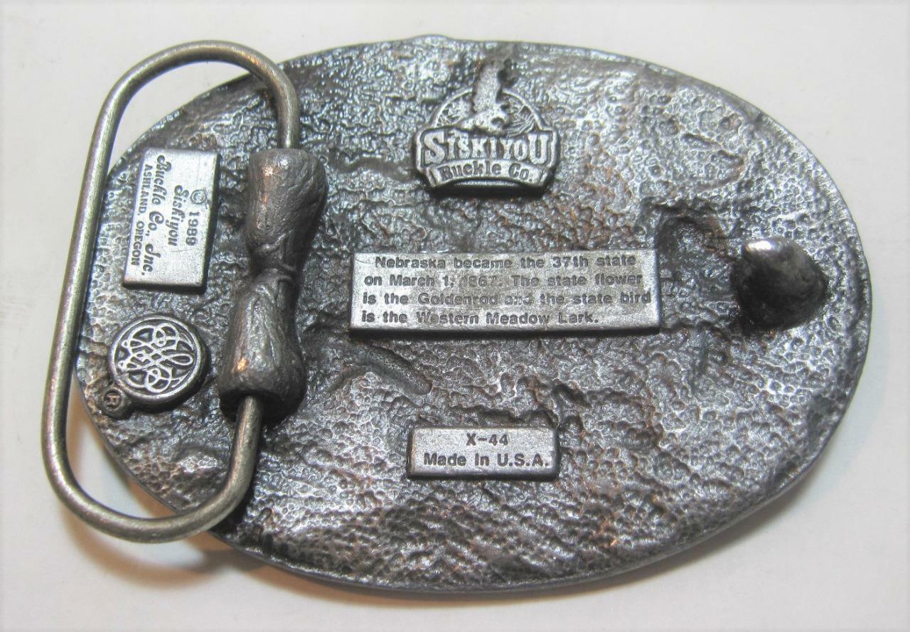 Vintage 1989 NEBRASKA Indian Chief & Stage Coach Belt Buckle X-44 Pewter UNUSED