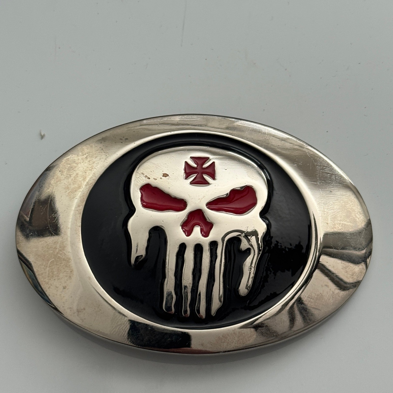 Punisher Skull Belt Buckle Metal Red Black Silver Tone Oval
