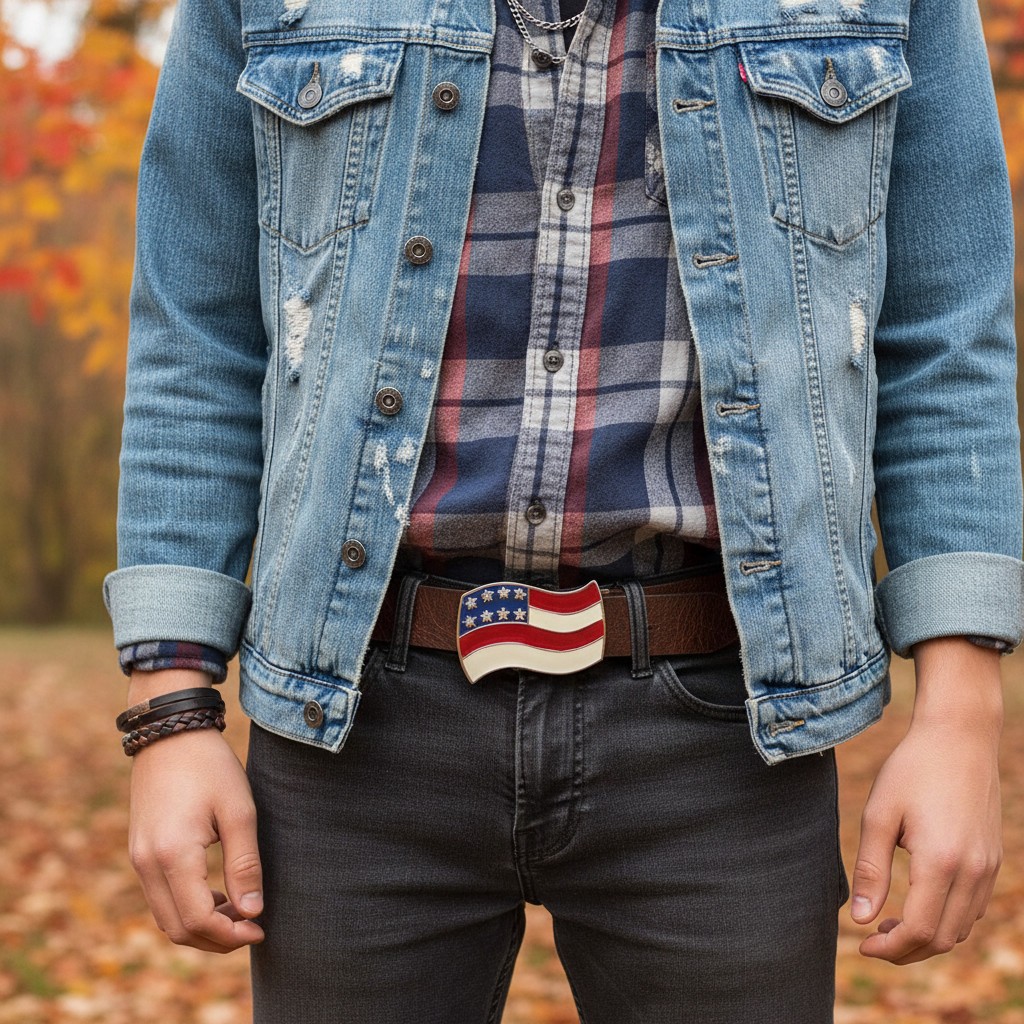 New Men Women Buckle Western Silver American USA Flag United States Casual Look