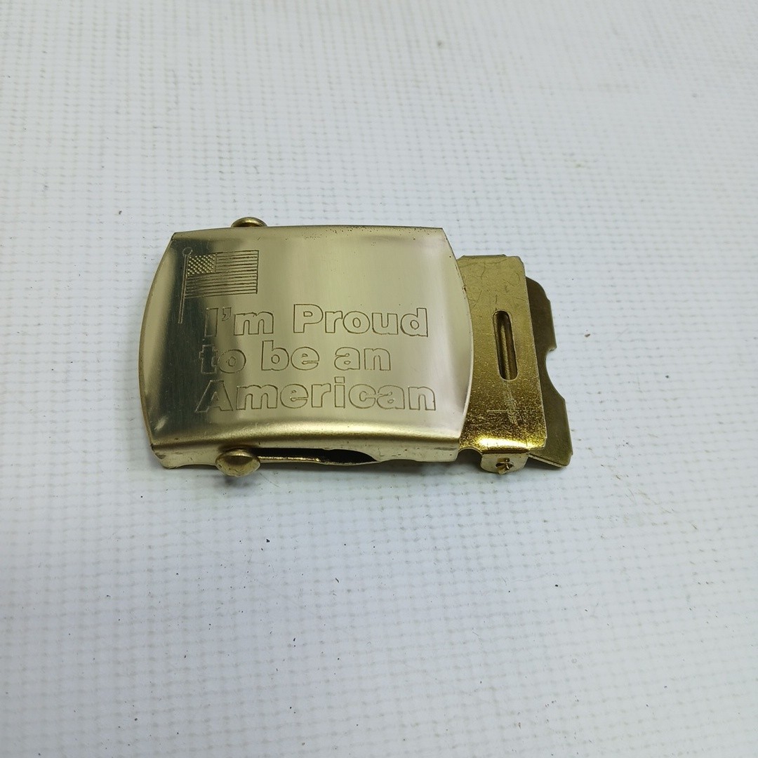 Khaki Web Belt with Brass look Friction Buckle « I&rsquo;m Proud To Be An American » USA