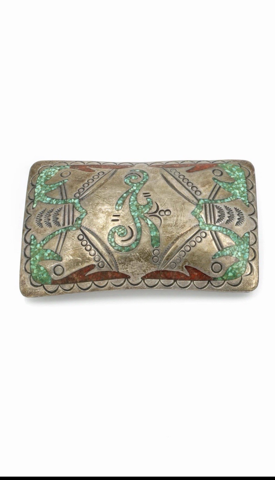 Vintage Signed DJN Delvin Nelson Navajo Turquoise & Coral Inlay Belt Buckle
