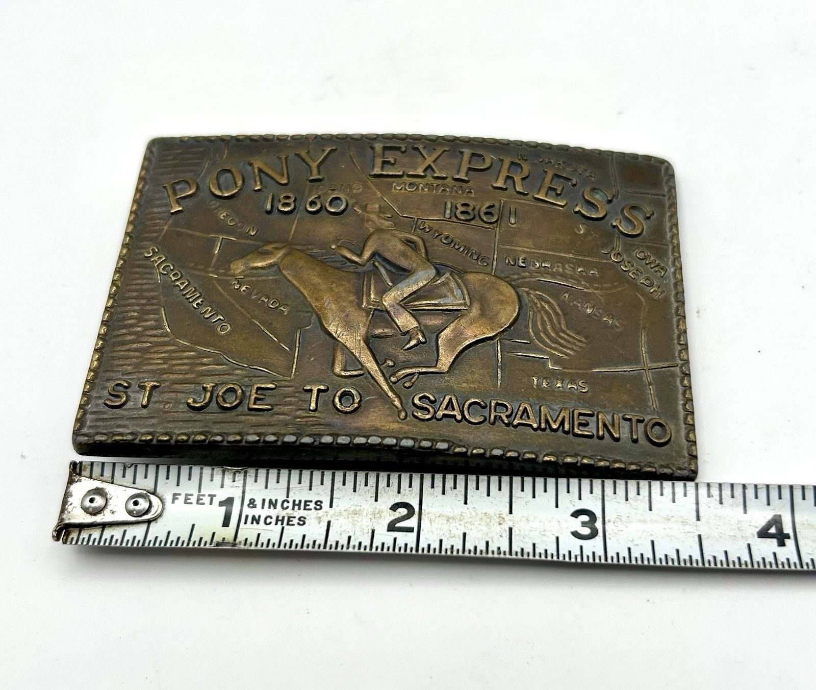 Vintage Brass Pony Express St. Joe To Sacramento Belt Buckle 3 1/2&Prime; Bronze Tone