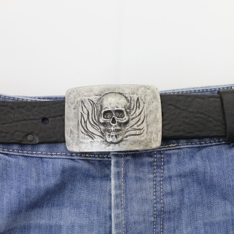 Belt Buckle Skull, Skull on Fire, Dark Silver