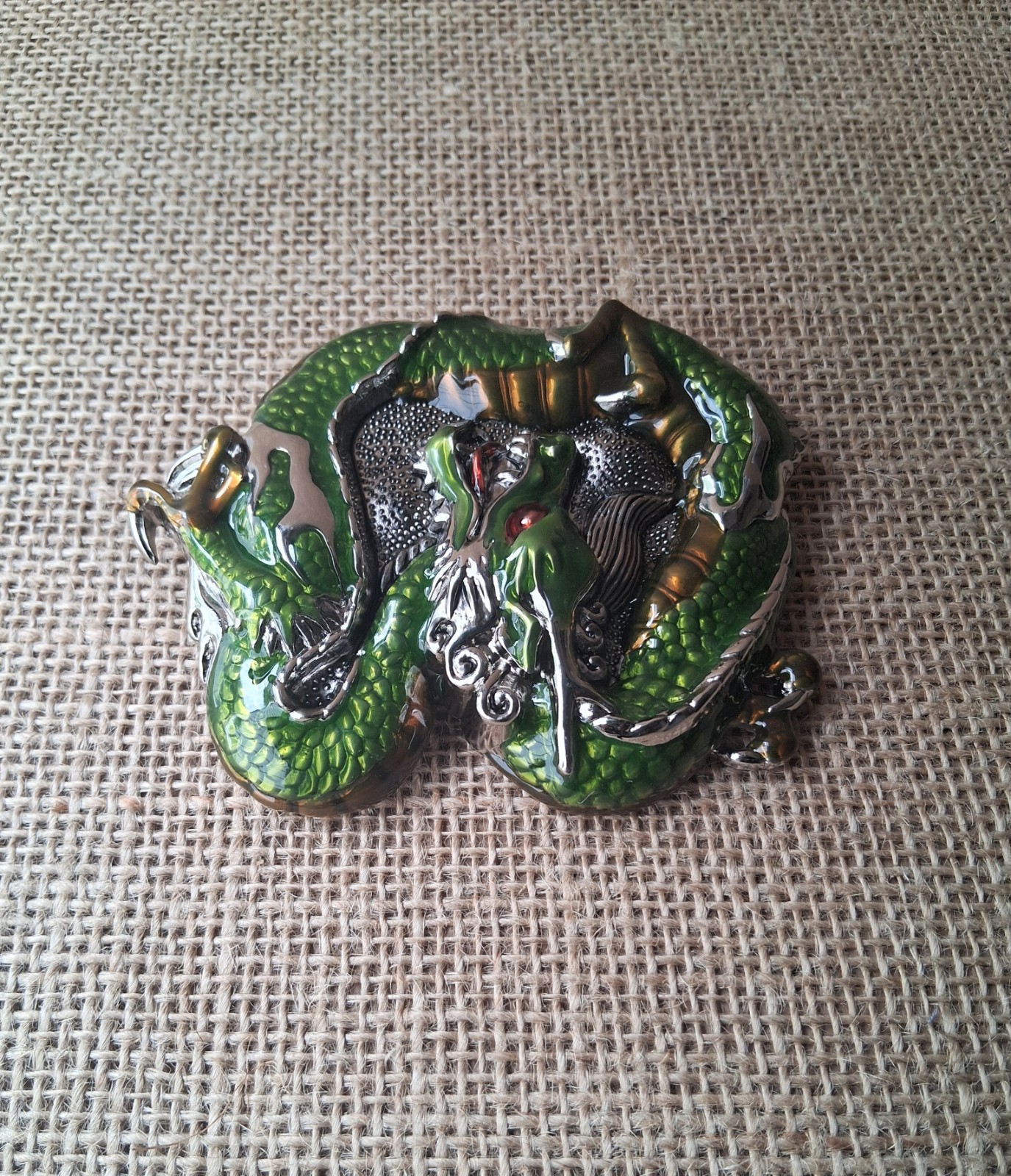 Green Enamel Chinese Dragon Belt Buckle 3D Fantasy Mythical Novelty