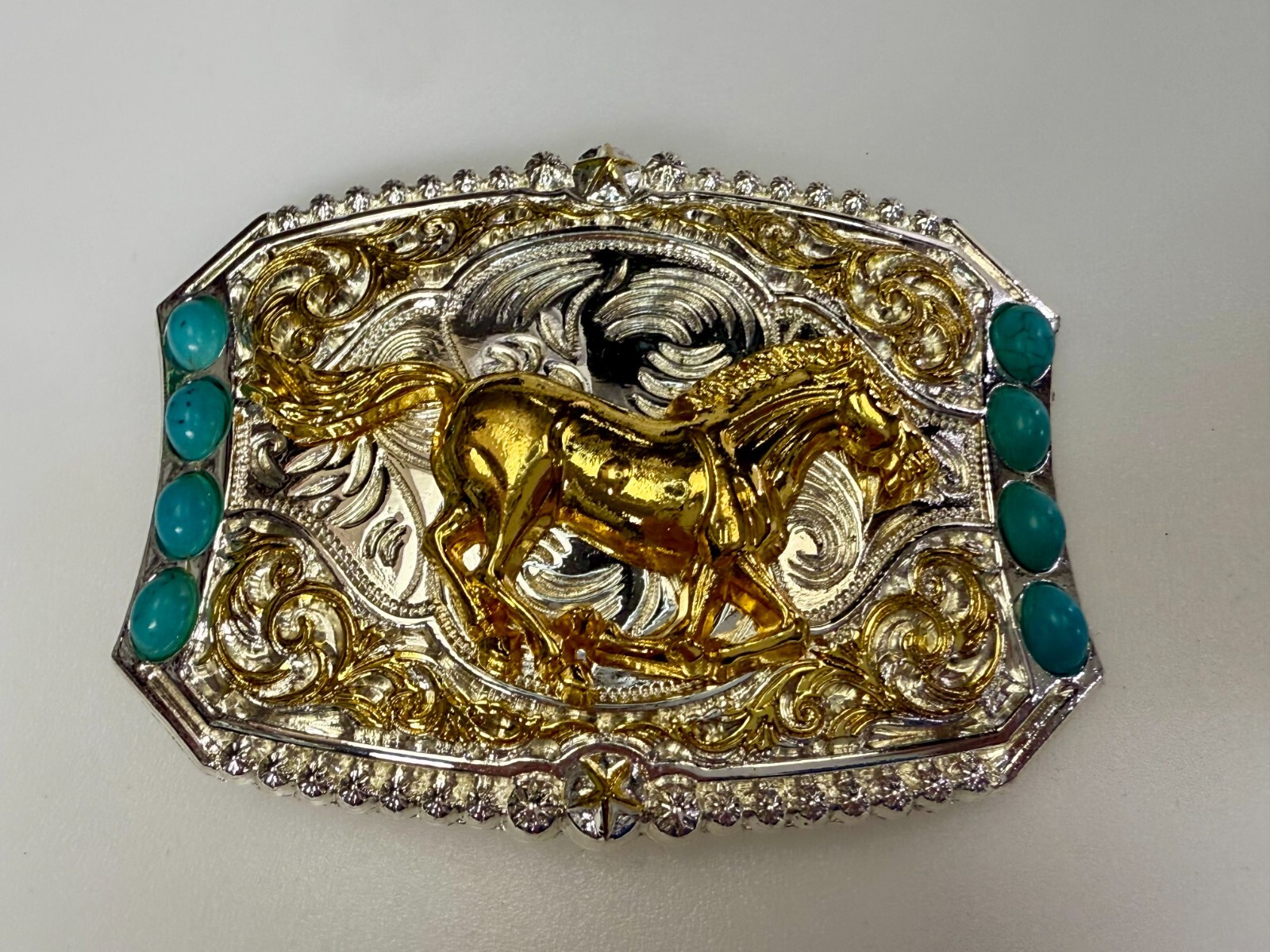 Running Galloping Mustang Stallion Horse W/ Faux Turquoise Stones Belt Buckle