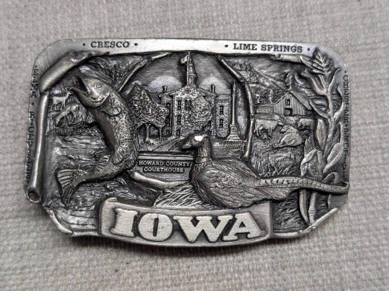 1980s vintage STATE of IOWA belt buckle HEAVY DUTY solid pewter WESTERN cowboy