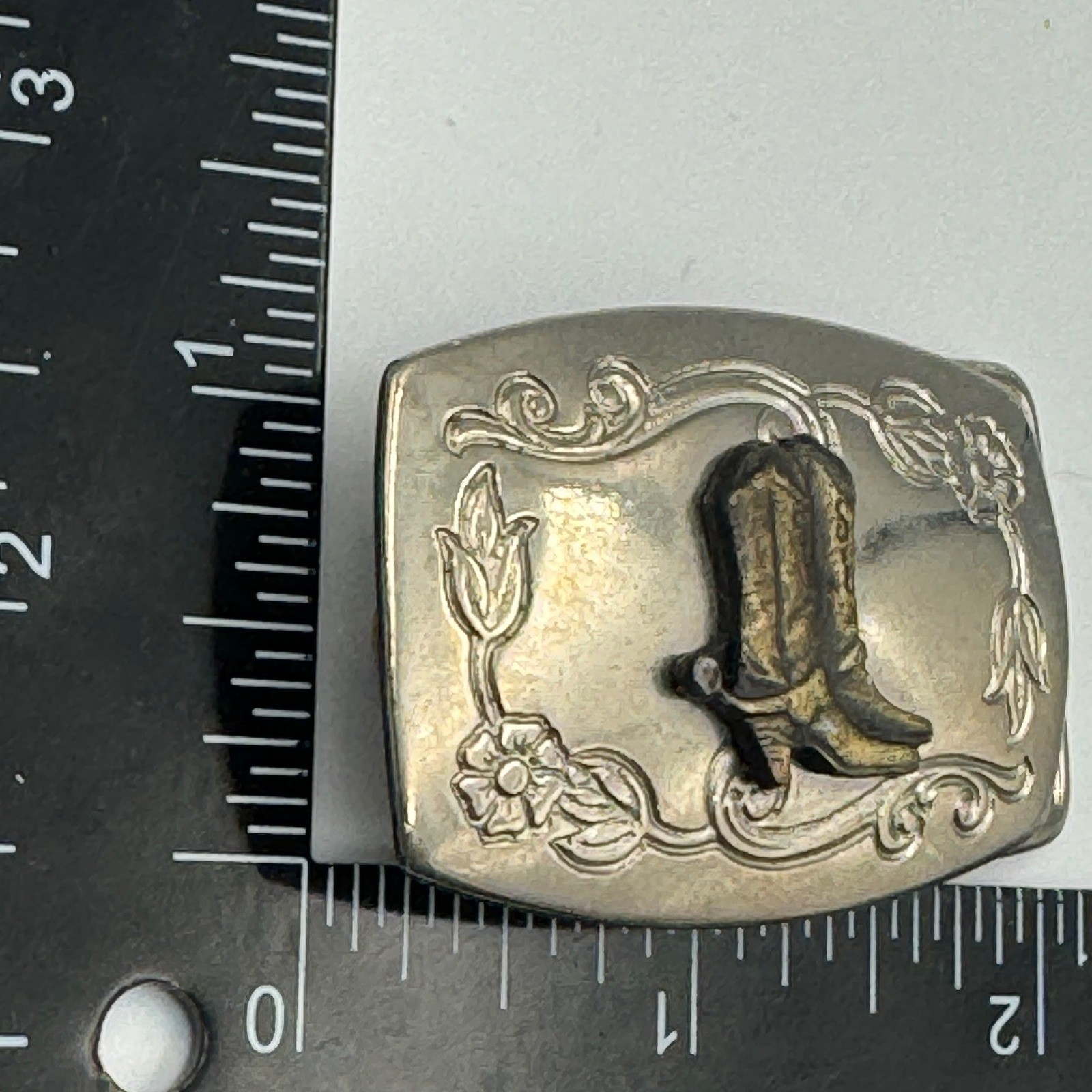Vintage Western Cowboy Boots Belt Buckle Silver Brass Tone Floral Made in USA