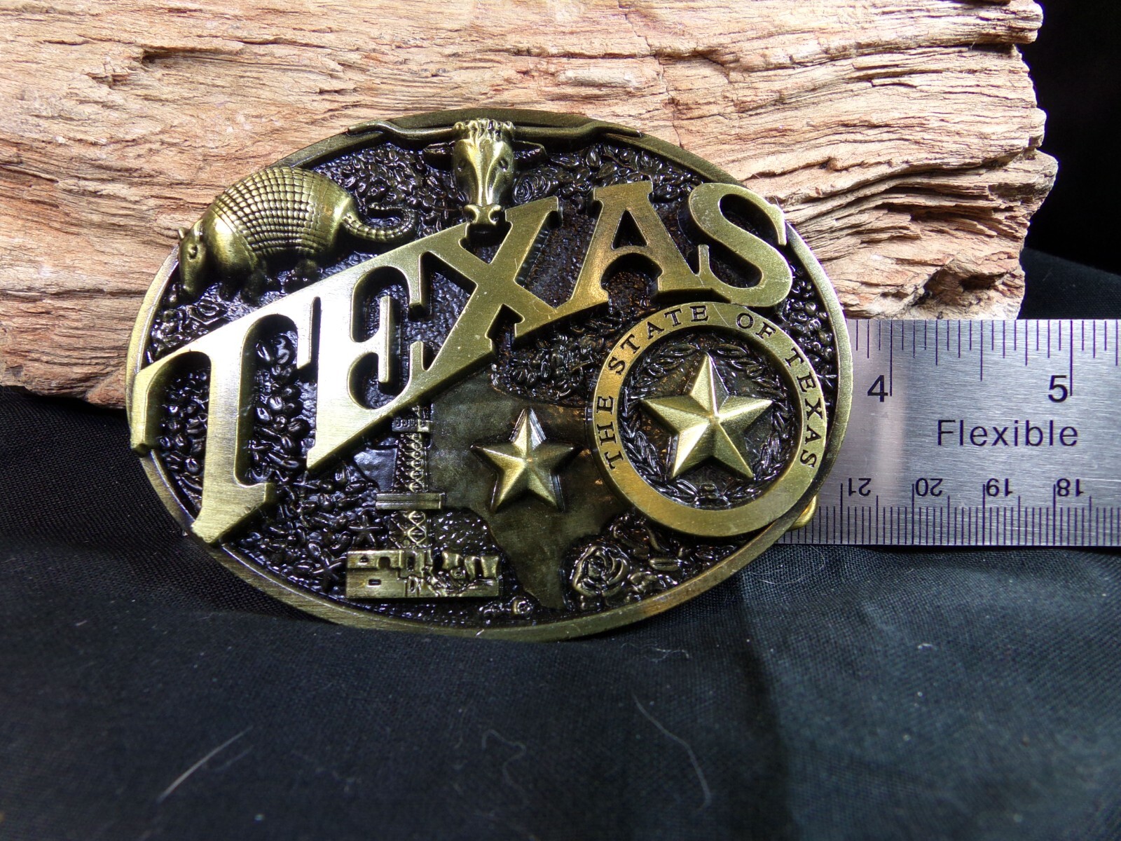 Texas Belt Buckle, has Armadillo, Oil Rig, Longhorn Steer, State of Texas, Star