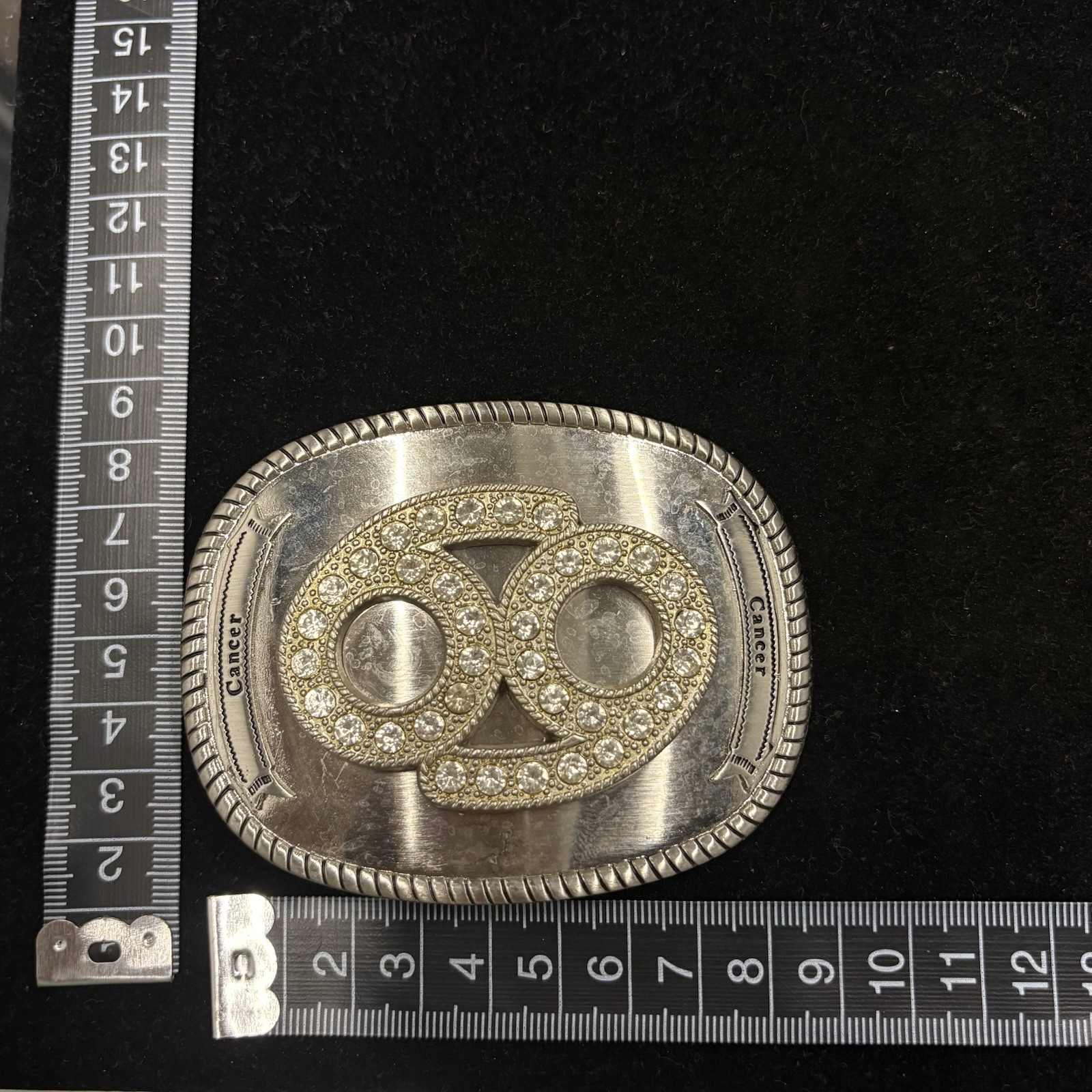 Vintage Cancer zodiac sign belt buckle silver plated oval design mirror finish