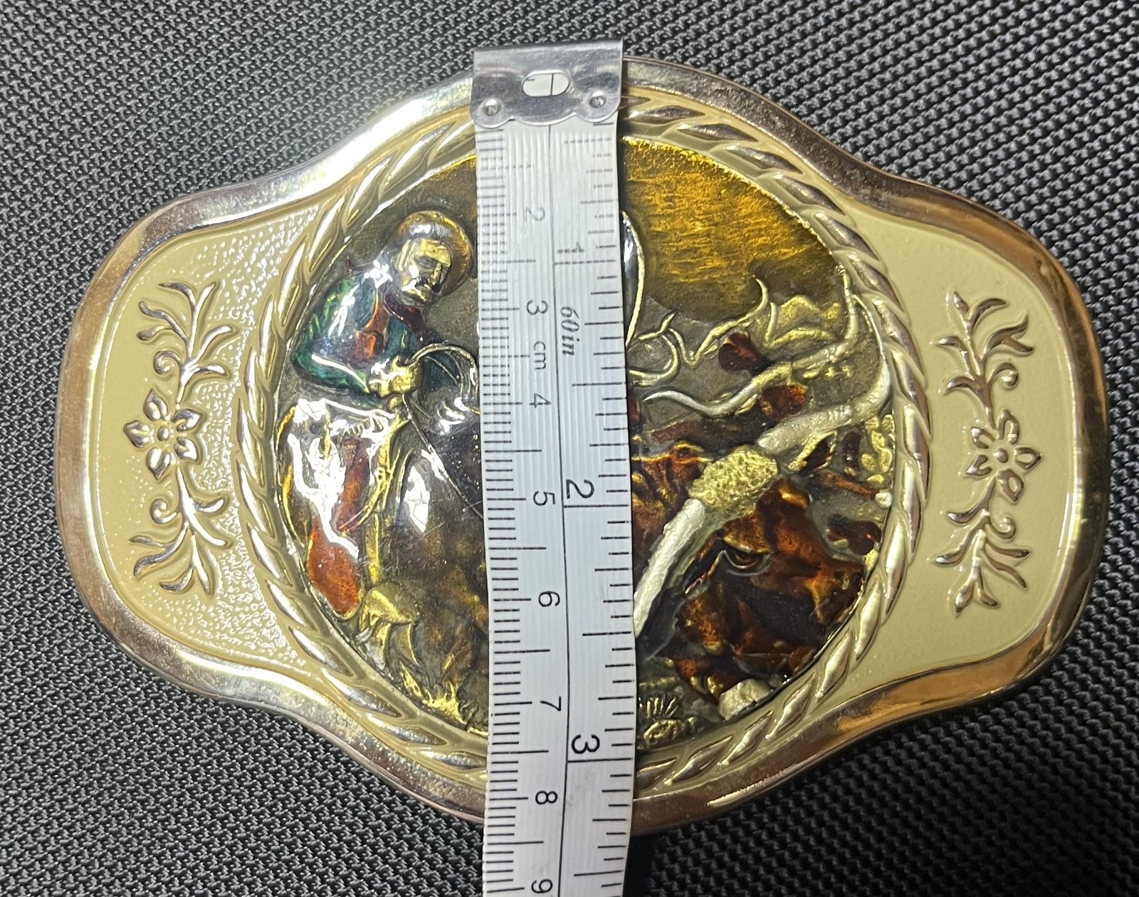 MBCI Belt Buckle Mens Gold Tone Western Cowboy Rodeo Roping Longhorn Enamel